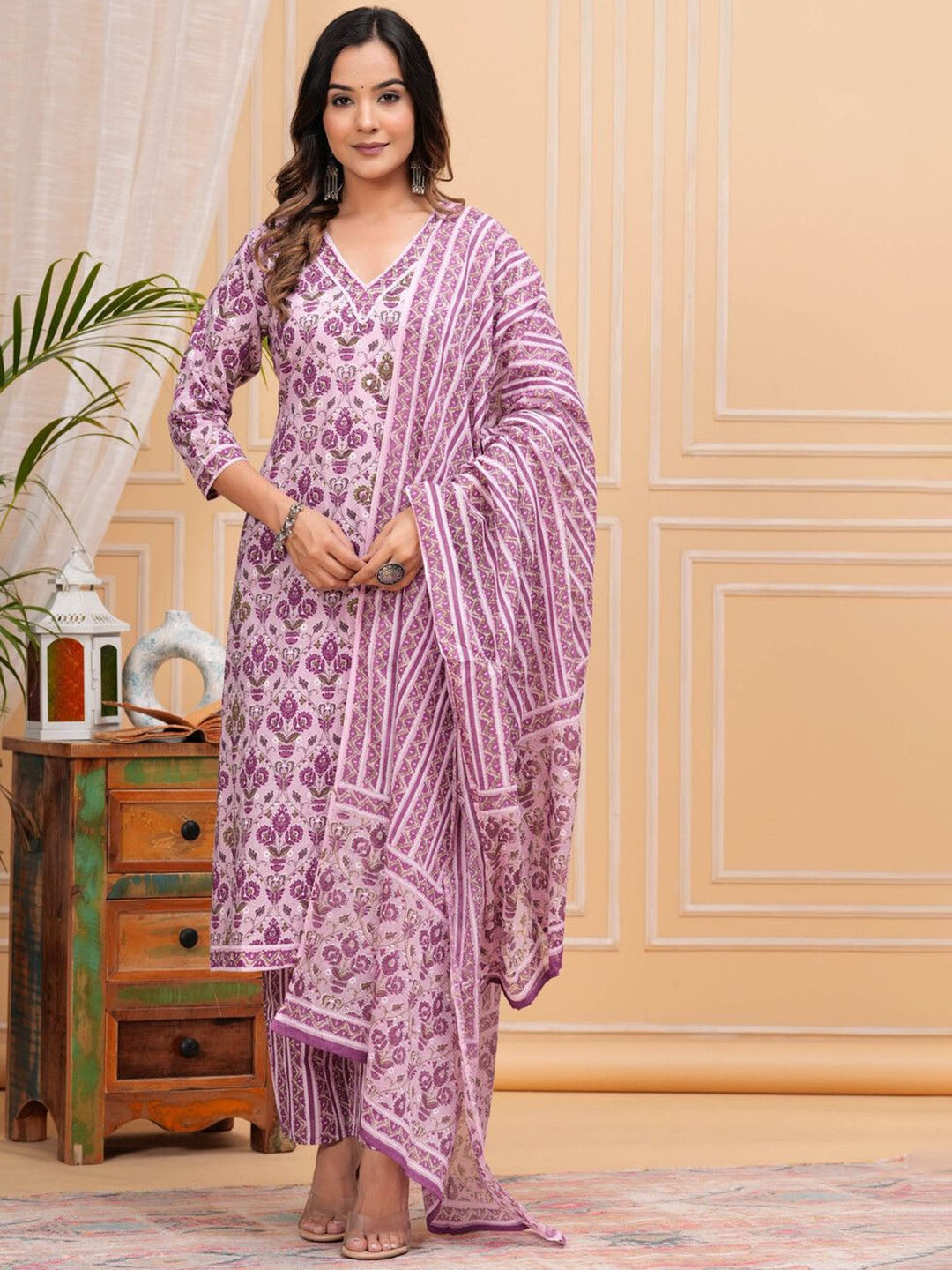 Women's Floral Printed Regular Pure Cotton Straight Kurta with Palazzos & With Dupatta - Taantav