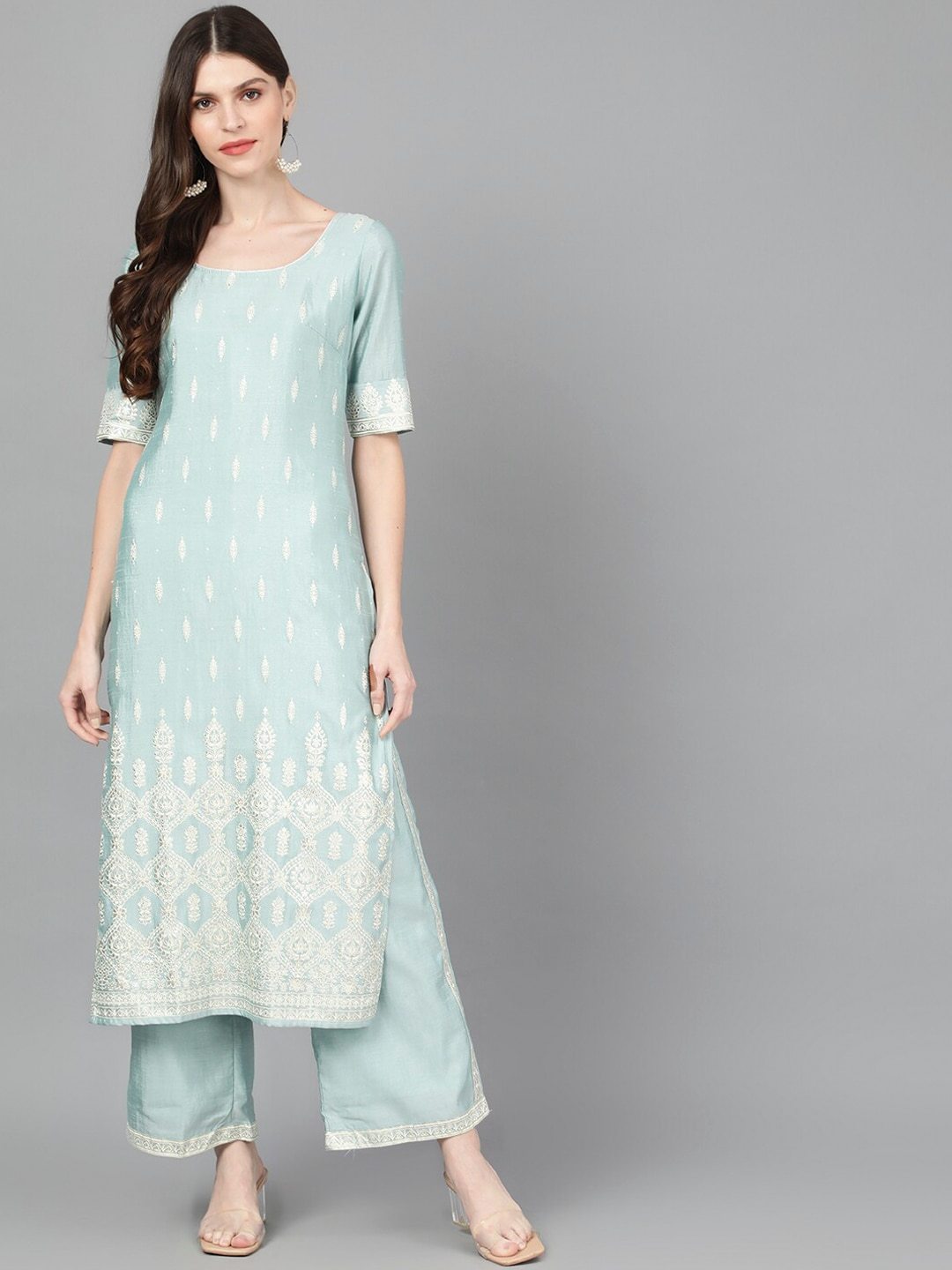 Women's  Blue & White Foil Printed Kurta with Palazzos