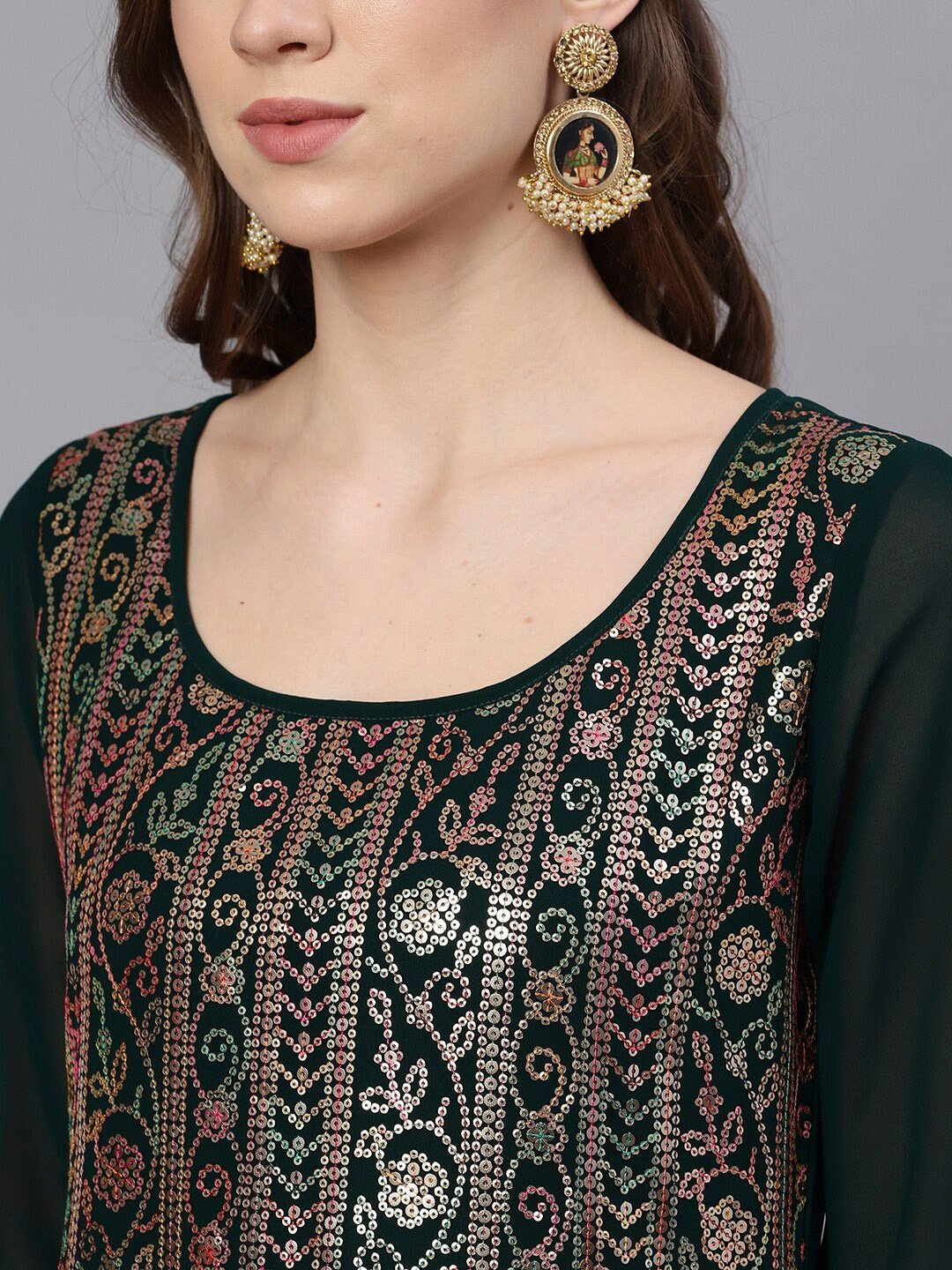 Women's  Green & Gold-Toned Embroidered Kurta with Palazzos & Dupatta - Final Clearance Sale
