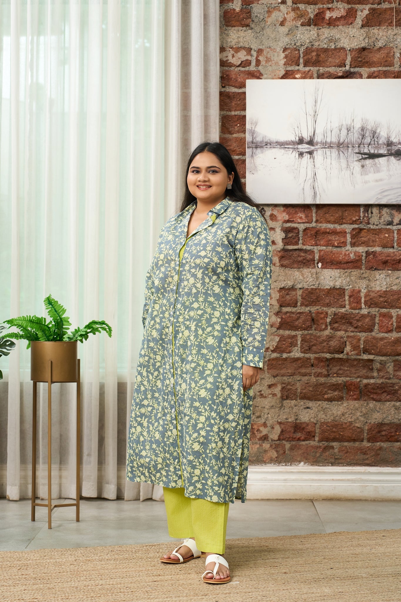 Women's Floral-Printed Teal And Lime Green Kurta Set - (Set Of 2) - Nangalia Ruchira
