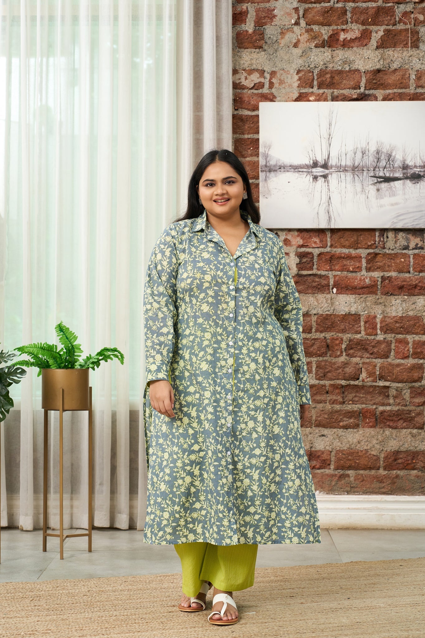 Women's Floral-Printed Teal And Lime Green Kurta Set - (Set Of 2) - Nangalia Ruchira