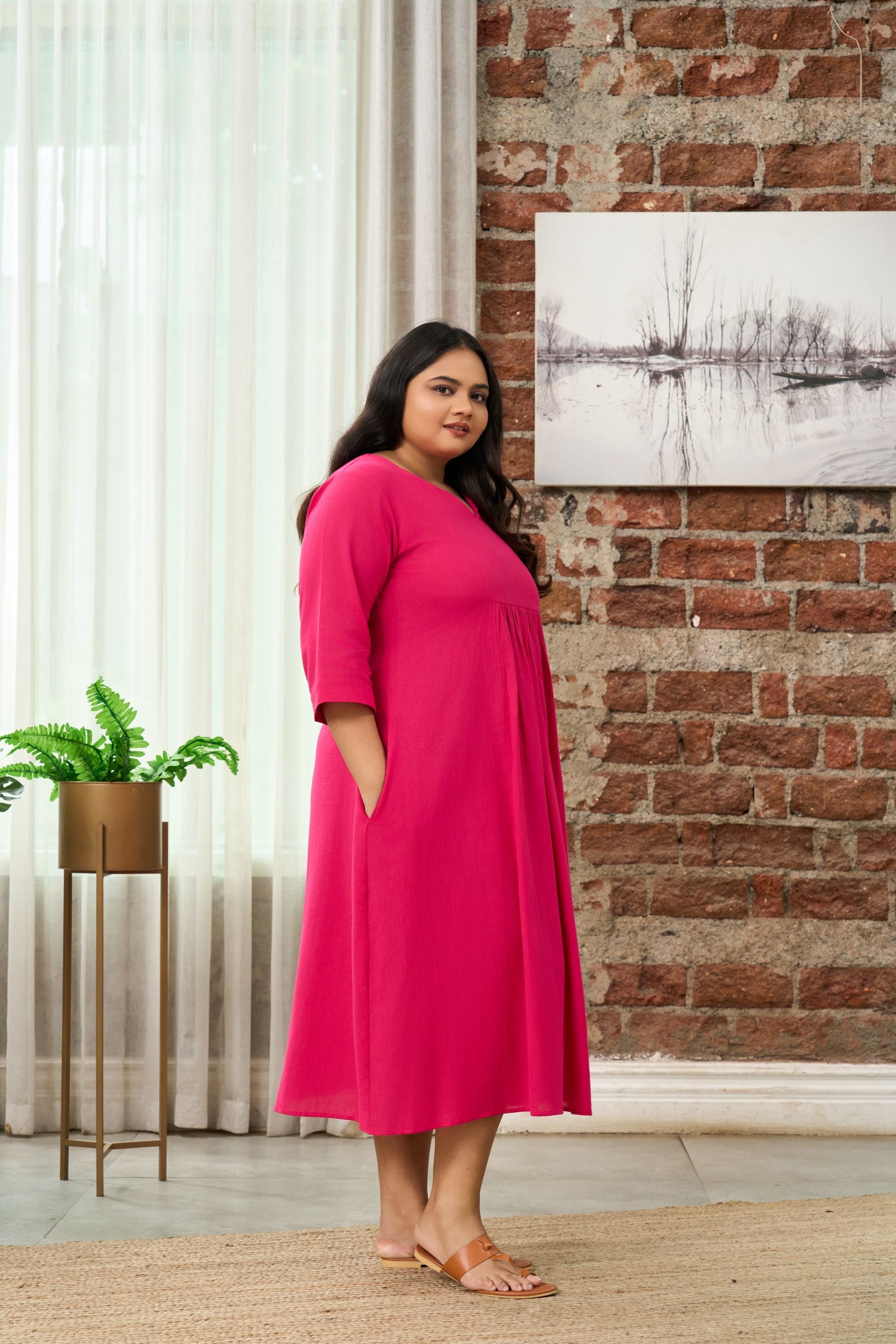 Women's Fuchsia Pink V-Neck Linen Midi Dress With Gathered Waist - Nangalia Ruchira
