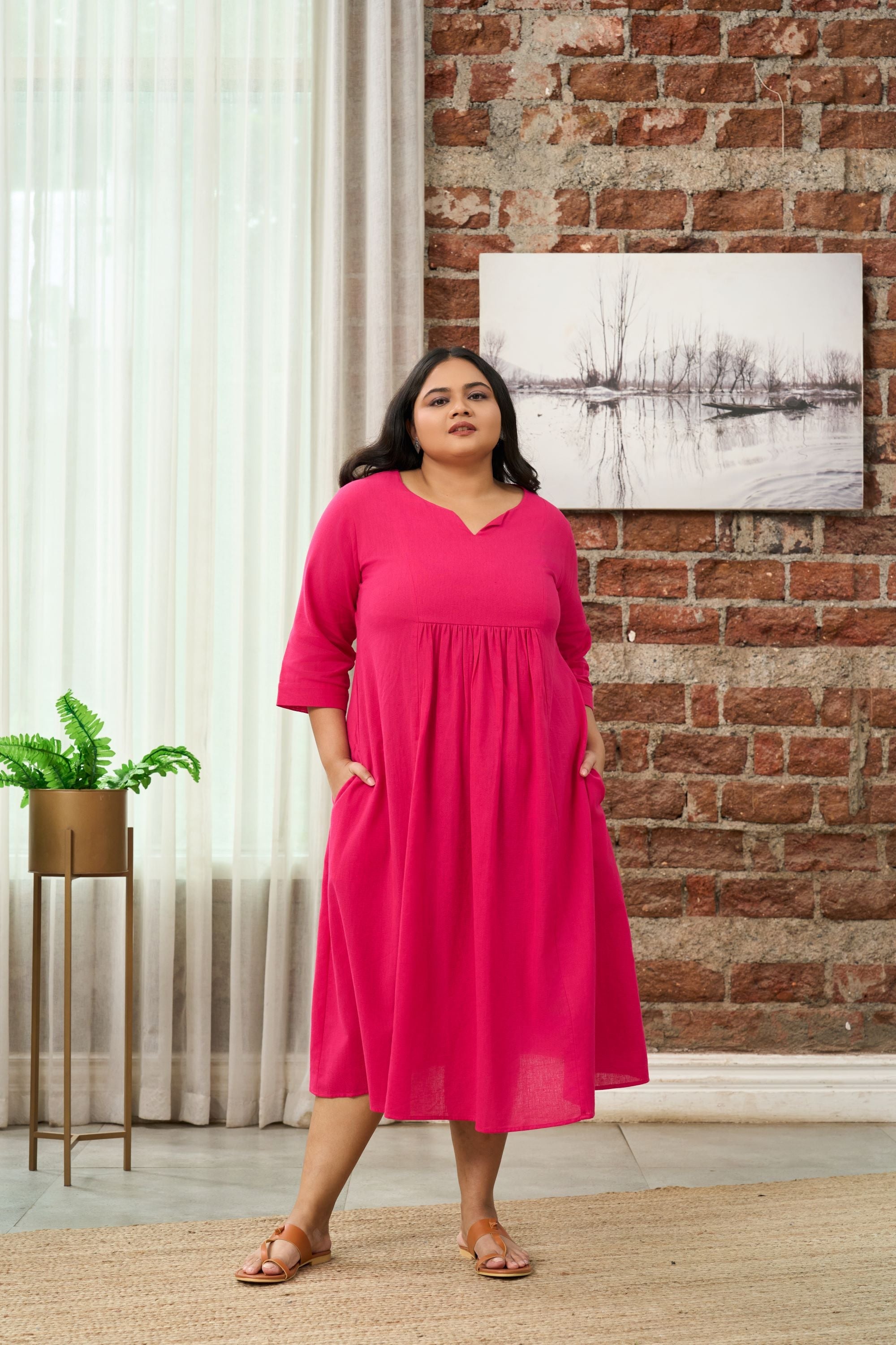 Women's Fuchsia Pink V-Neck Linen Midi Dress With Gathered Waist - Nangalia Ruchira