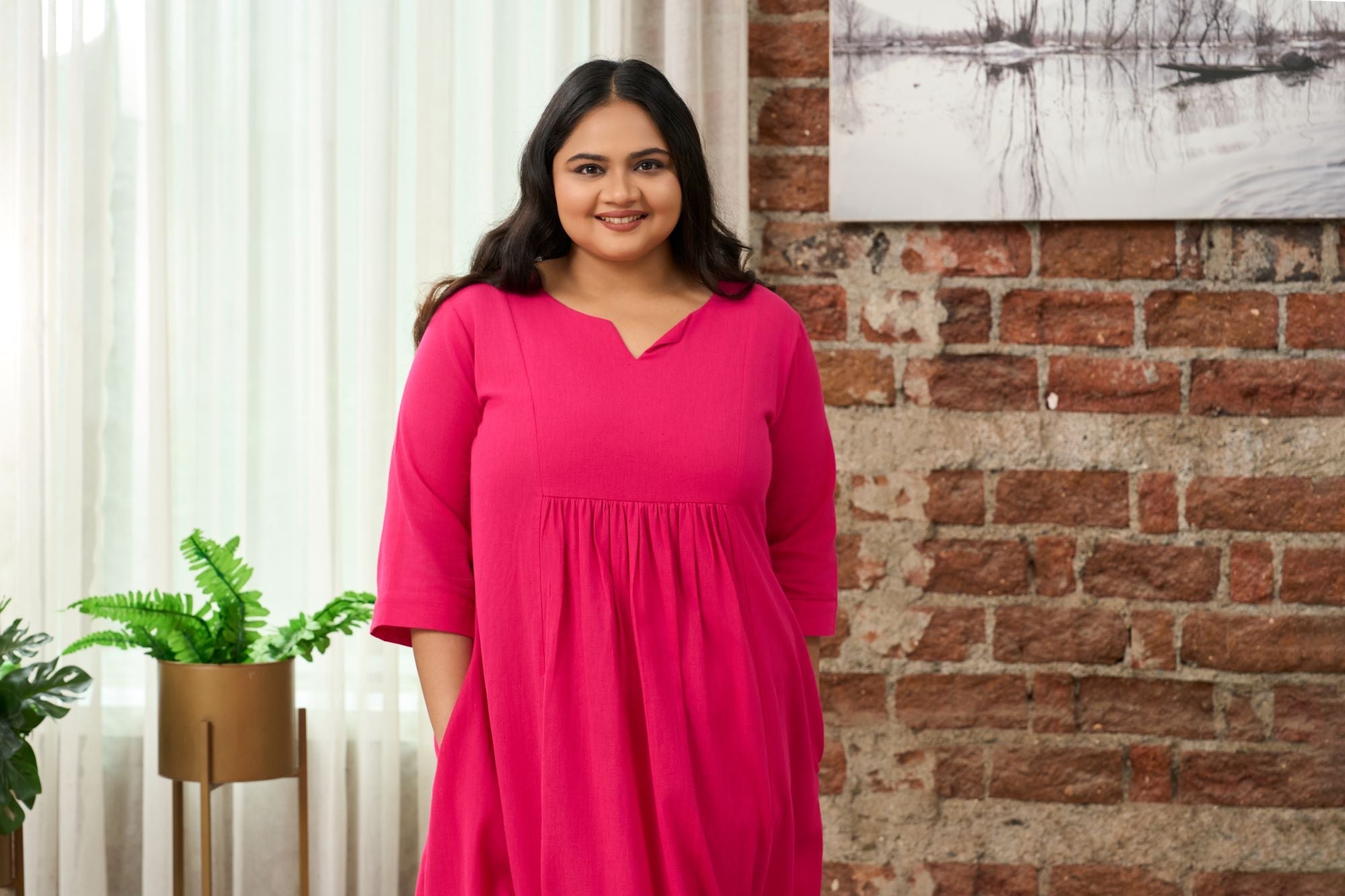 Women's Fuchsia Pink V-Neck Linen Midi Dress With Gathered Waist - Nangalia Ruchira