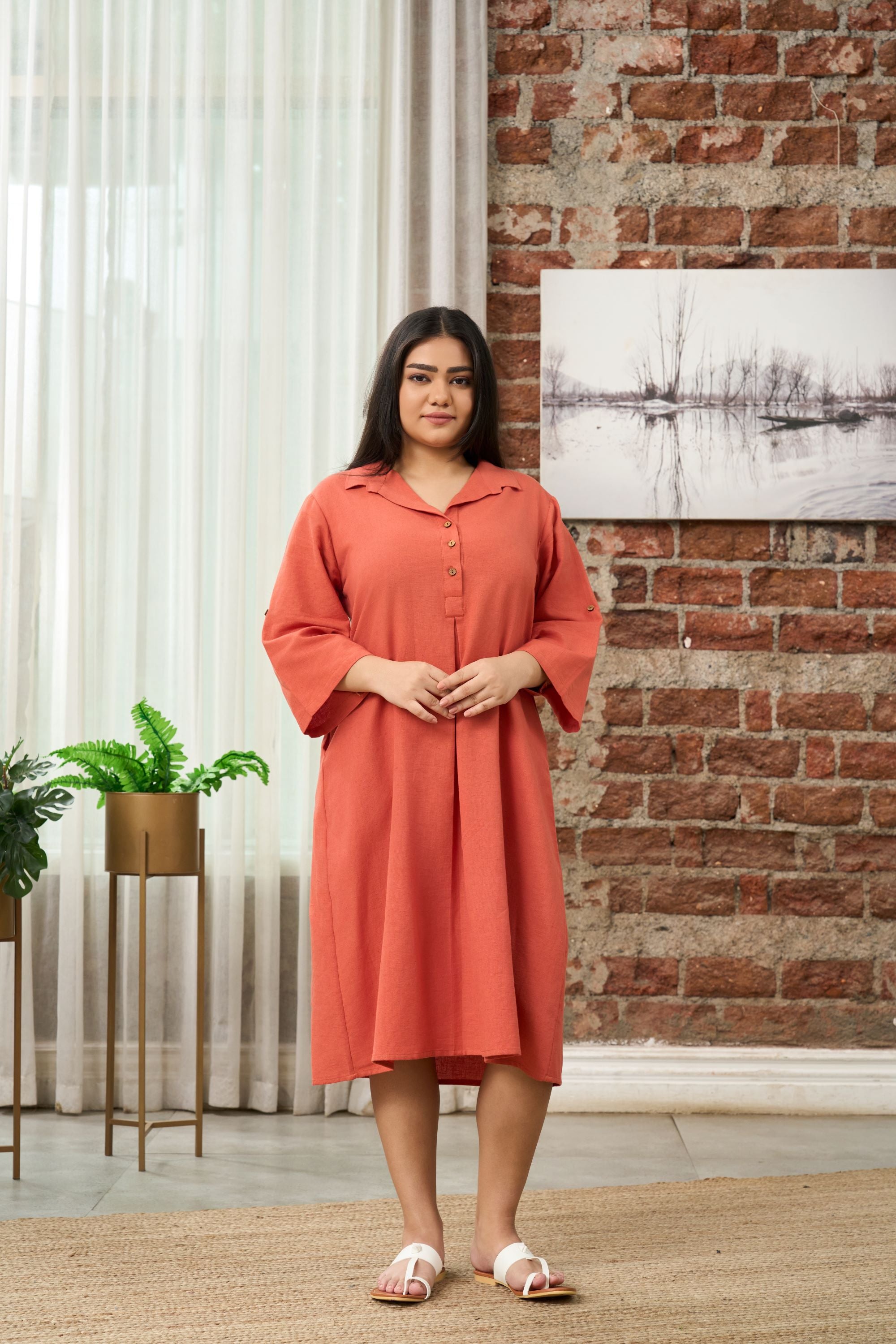 Women's Rust Orange Mid-Length Linen Shirt Collar Dress - Nangalia Ruchira
