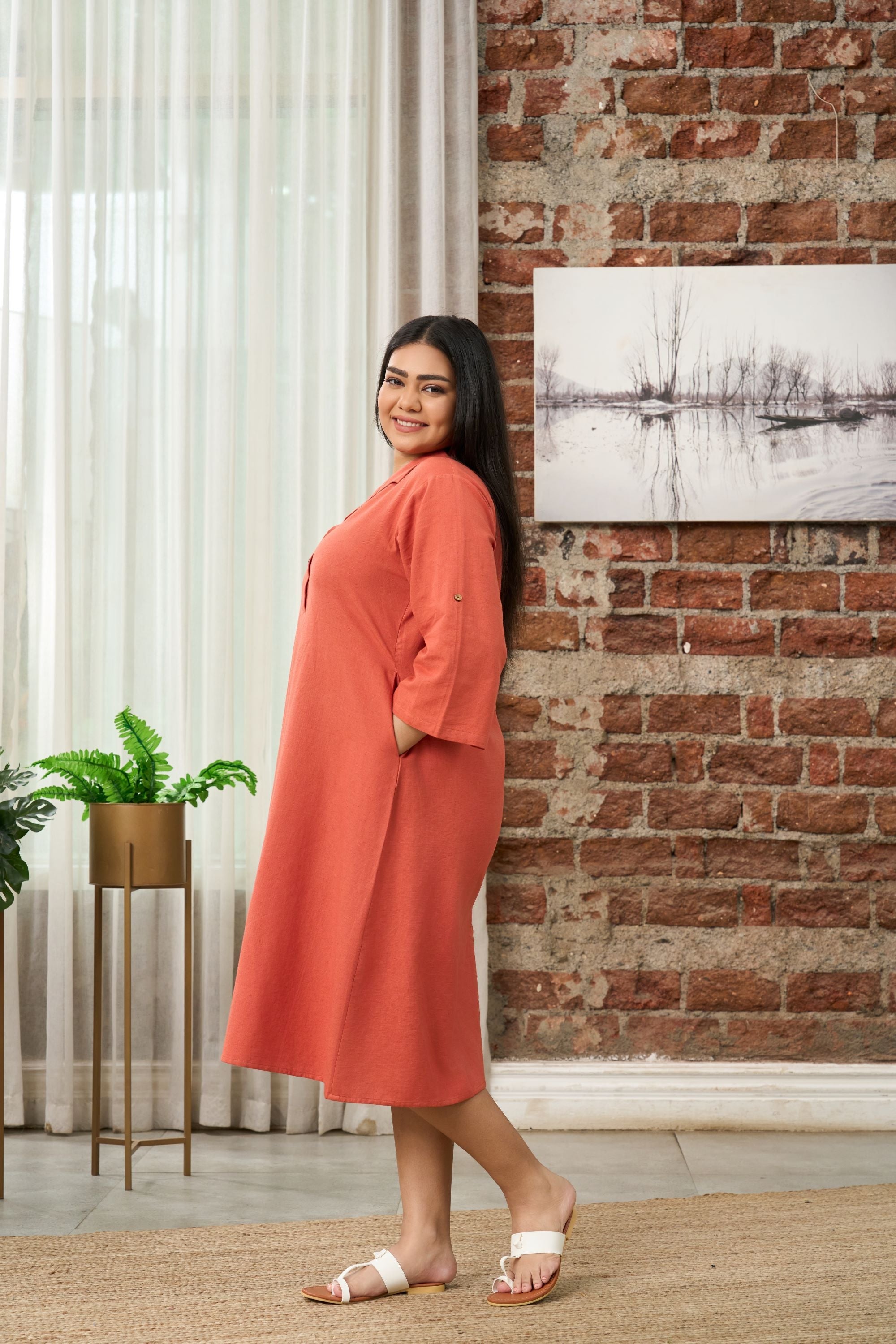 Women's Rust Orange Mid-Length Linen Shirt Collar Dress - Nangalia Ruchira