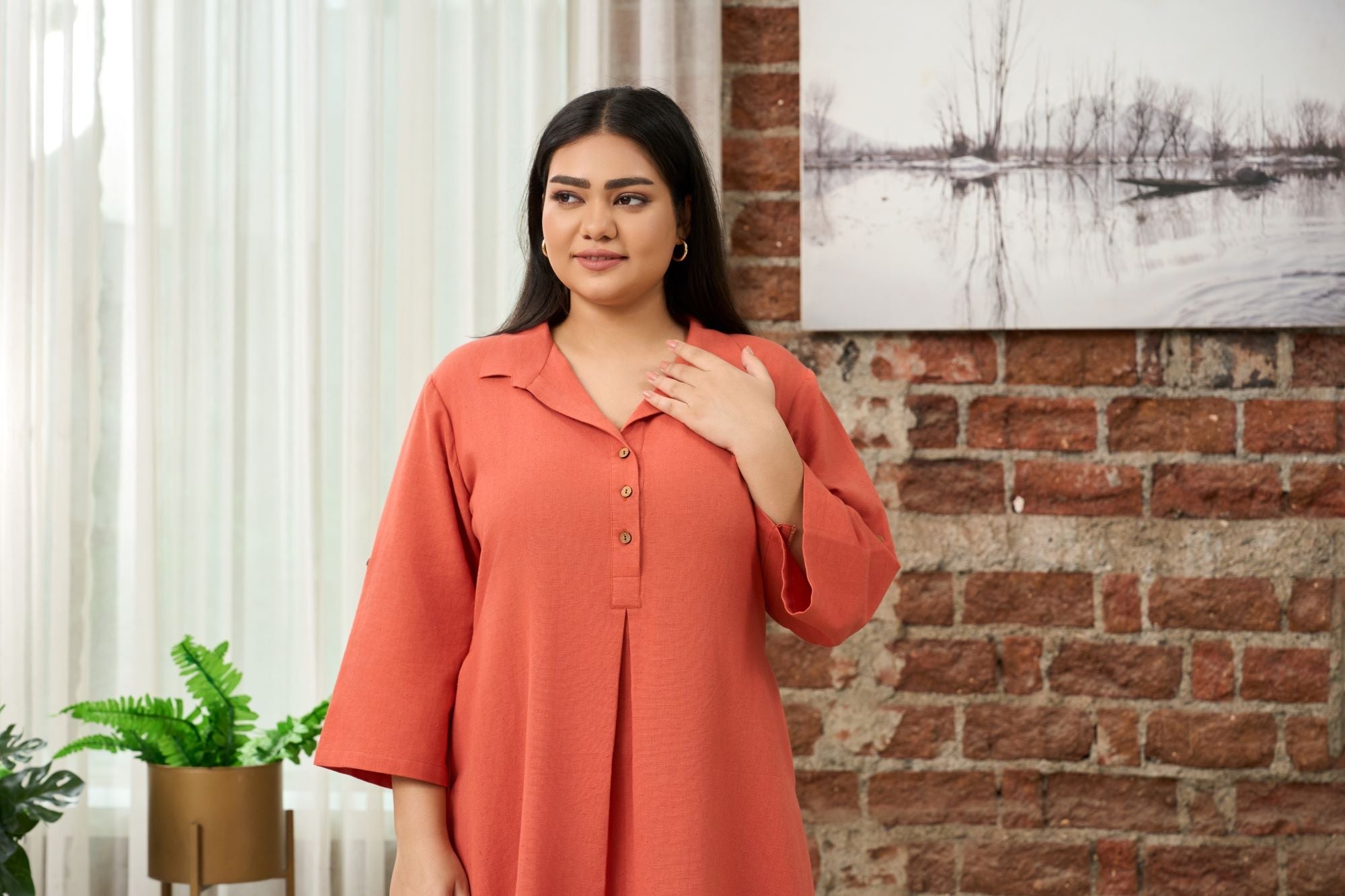 Women's Rust Orange Mid-Length Linen Shirt Collar Dress - Nangalia Ruchira