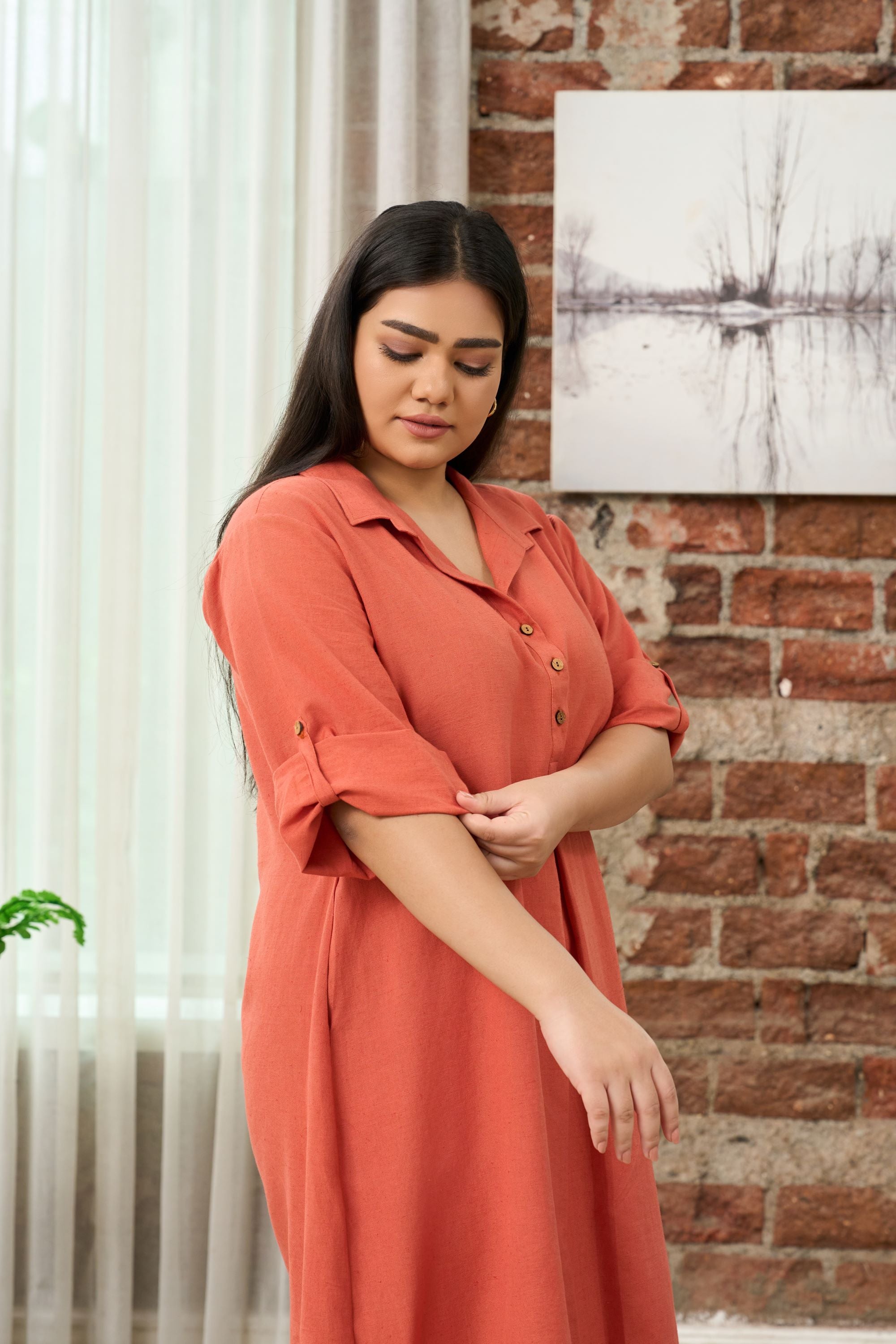 Women's Rust Orange Mid-Length Linen Shirt Collar Dress - Nangalia Ruchira