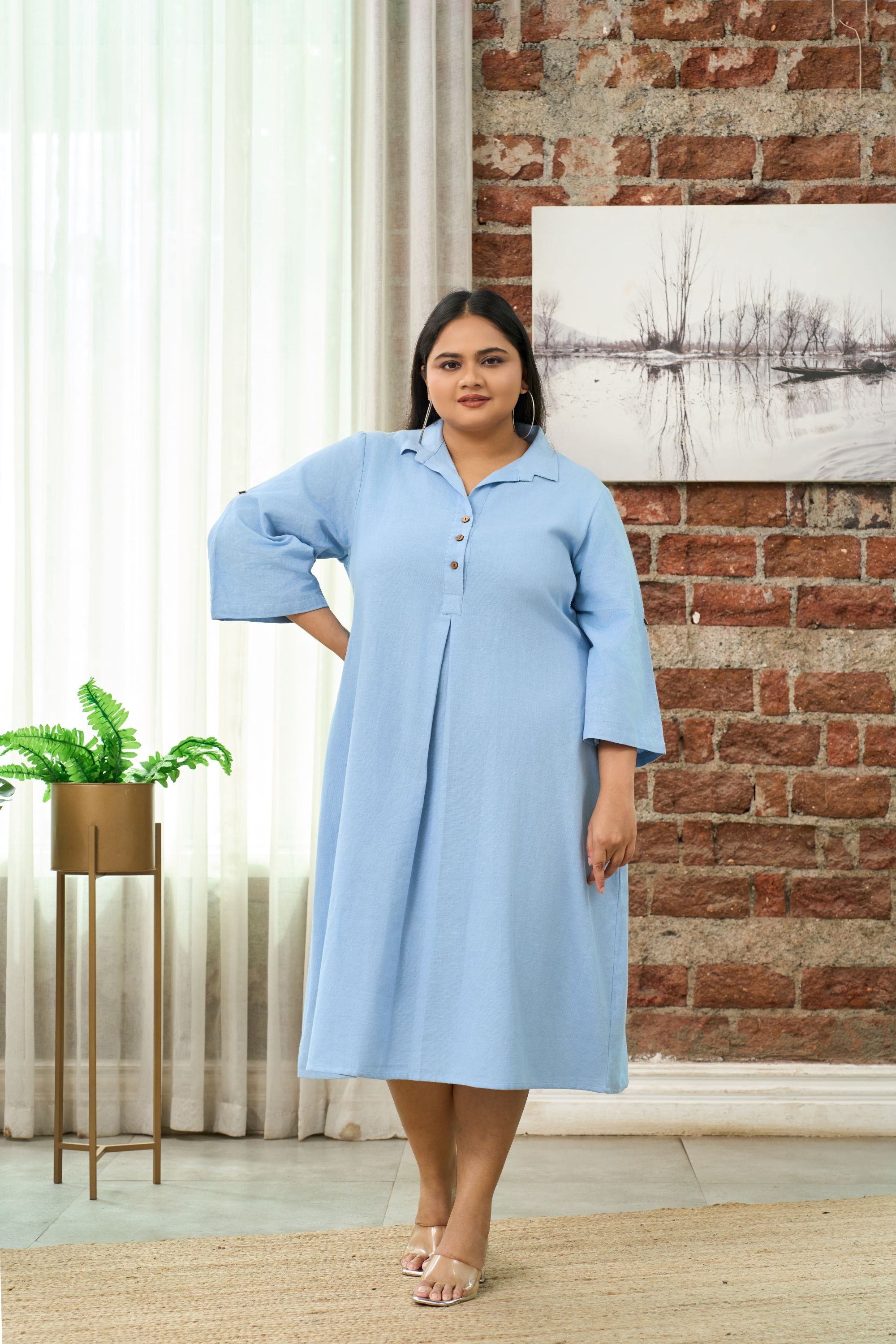 Women's Light Blue Mid-Length Linen Shirt Collar Dress - Nangalia Ruchira