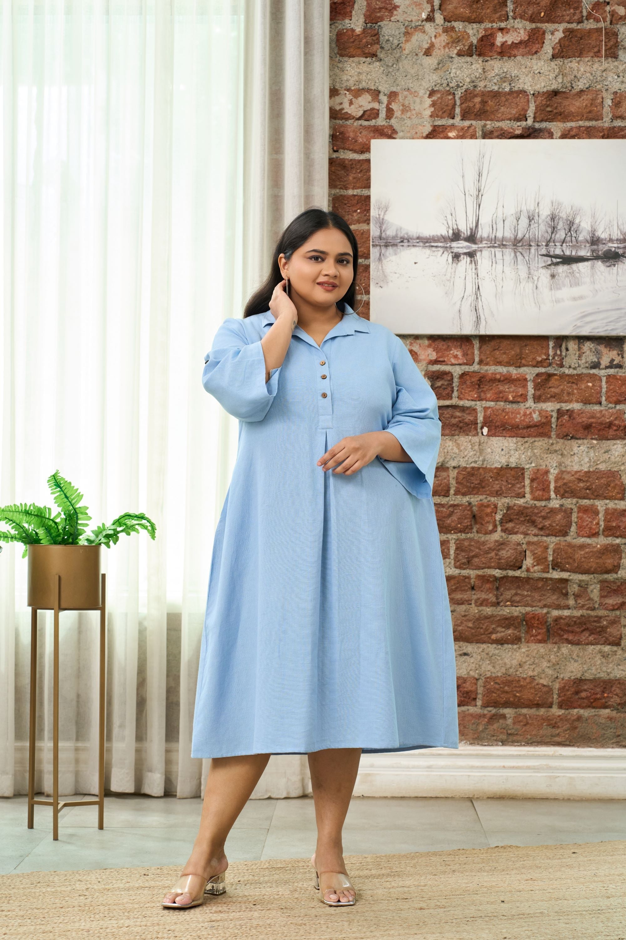 Women's Light Blue Mid-Length Linen Shirt Collar Dress - Nangalia Ruchira
