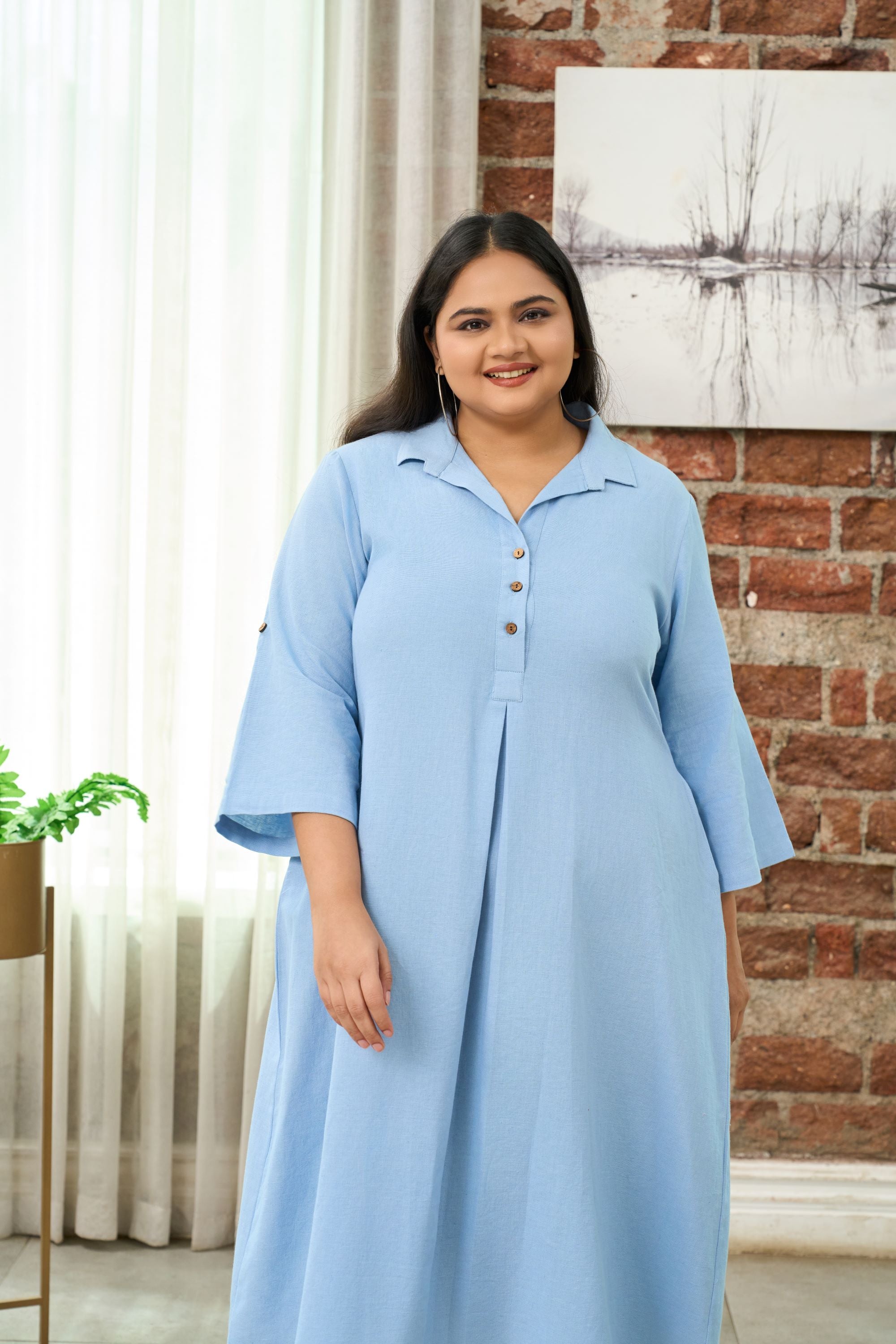 Women's Light Blue Mid-Length Linen Shirt Collar Dress - Nangalia Ruchira