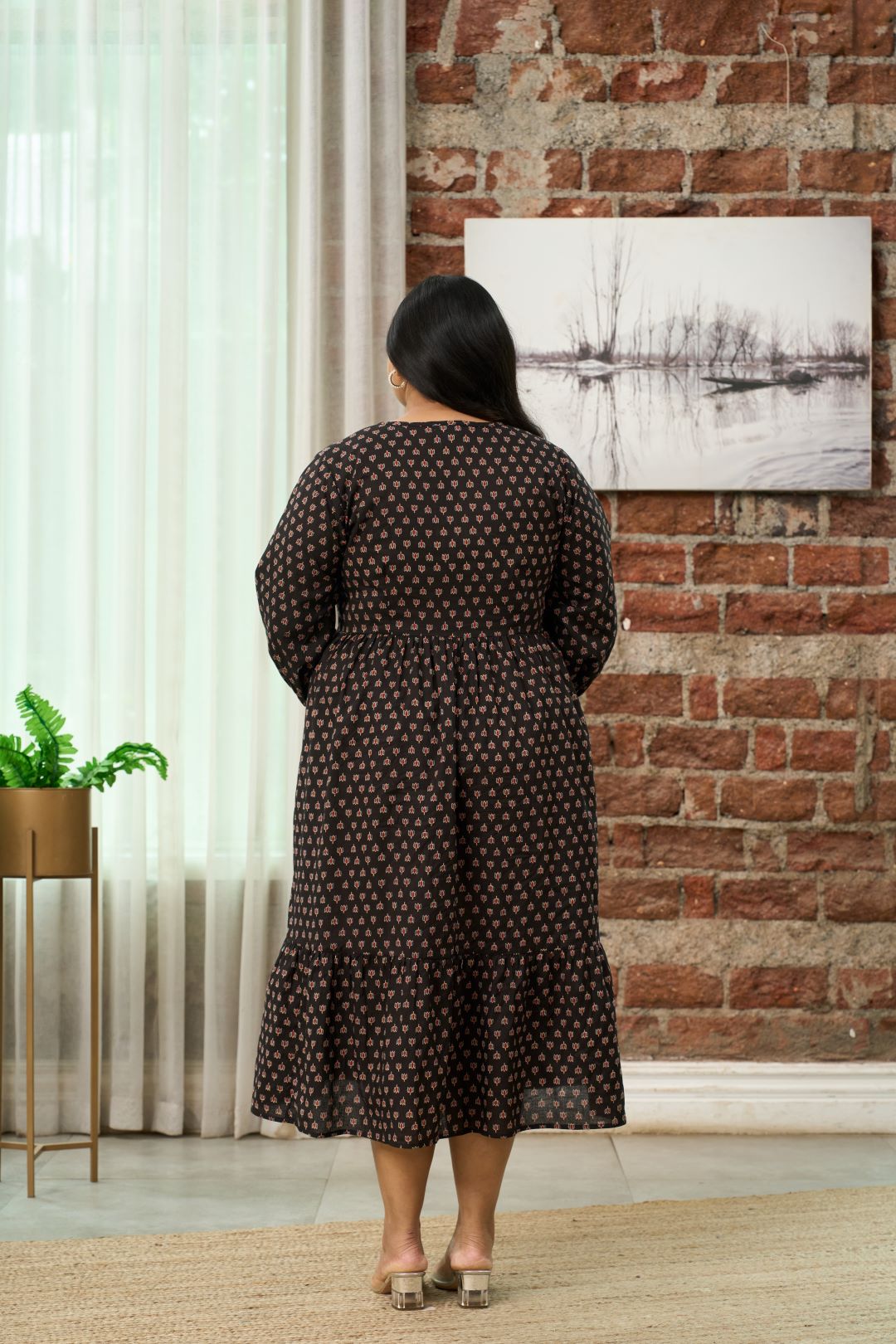 Women's Black Printed Cotton Tiered Dress - Nangalia Ruchira