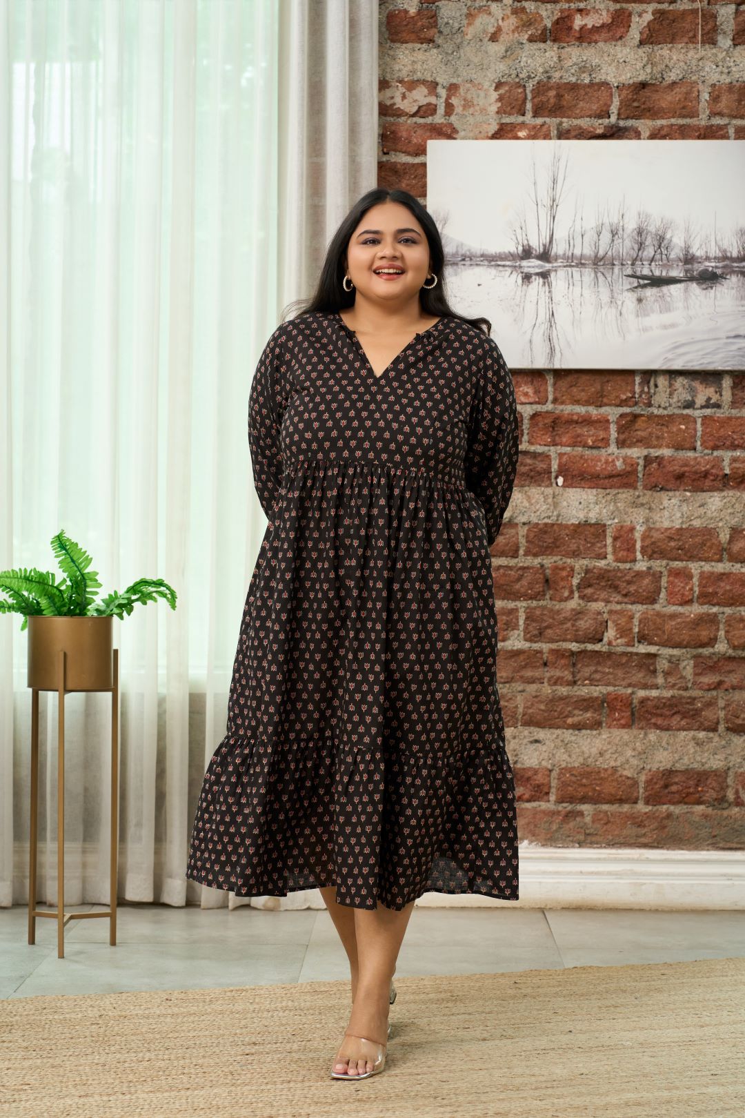 Women's Black Printed Cotton Tiered Dress - Nangalia Ruchira