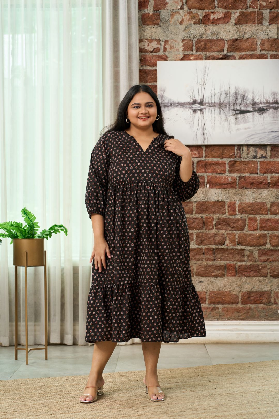 Women's Black Printed Cotton Tiered Dress - Nangalia Ruchira