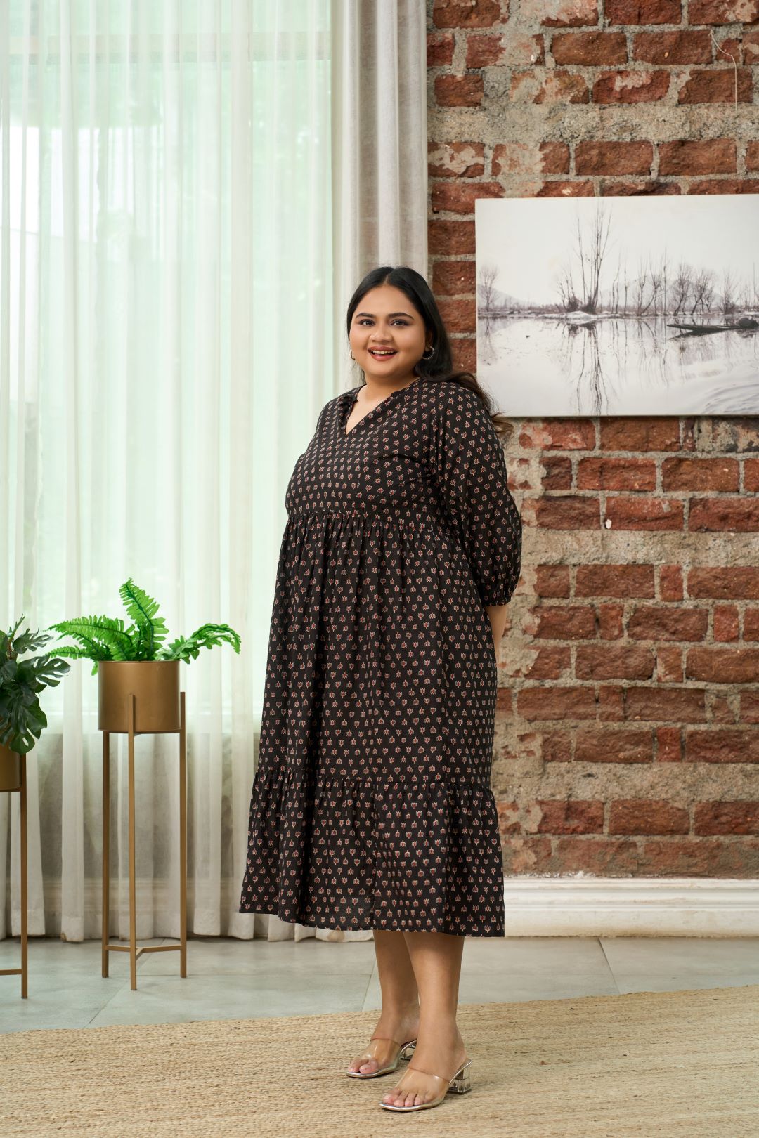 Women's Black Printed Cotton Tiered Dress - Nangalia Ruchira