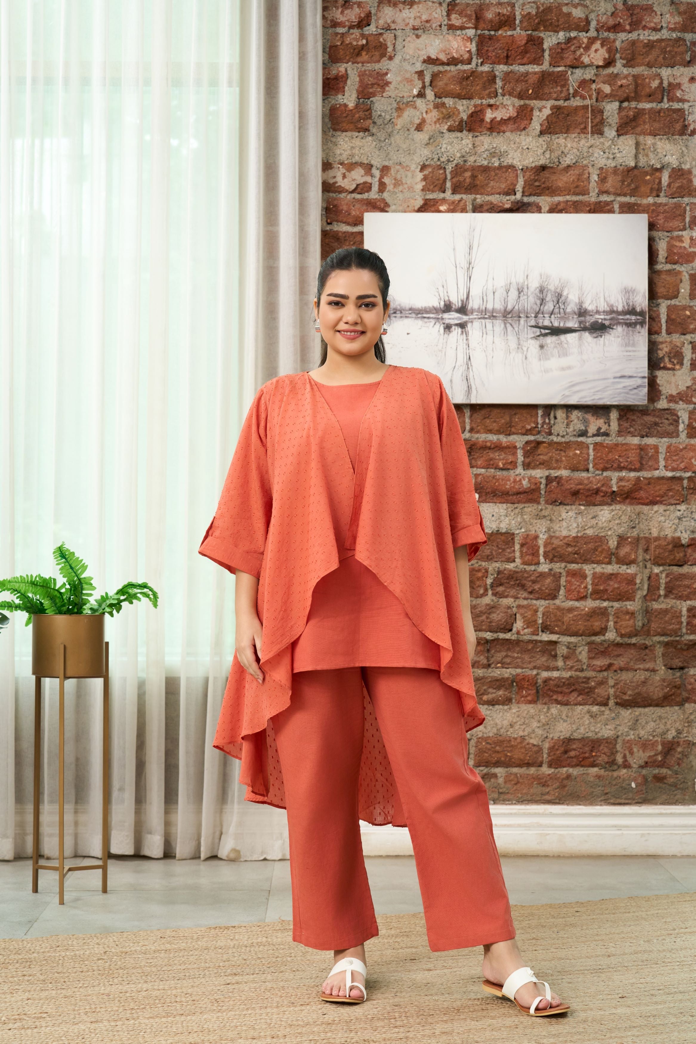 Women's Rust Orange  Co-Ord Set With Shrug(Set Of 3) - Nangalia Ruchira