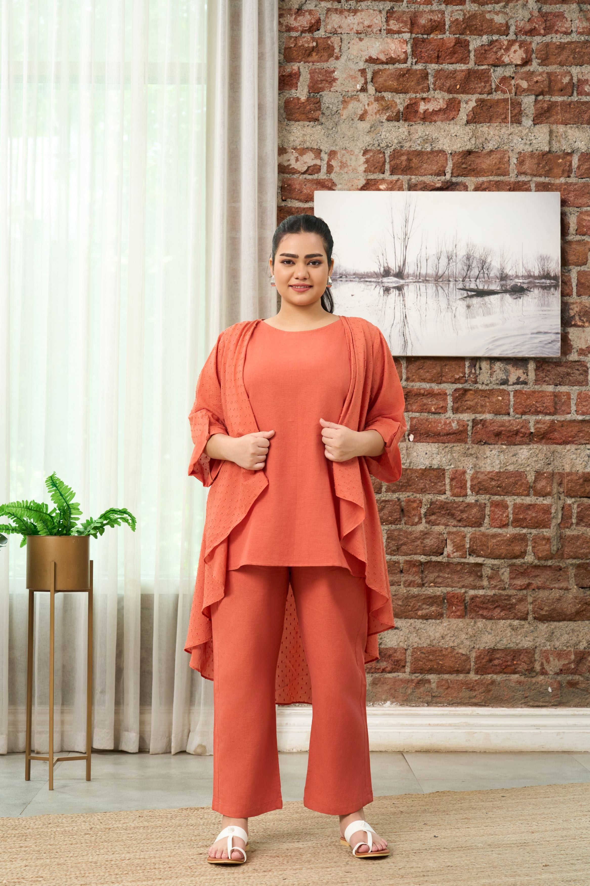 Women's Rust Orange  Co-Ord Set With Shrug(Set Of 3) - Nangalia Ruchira