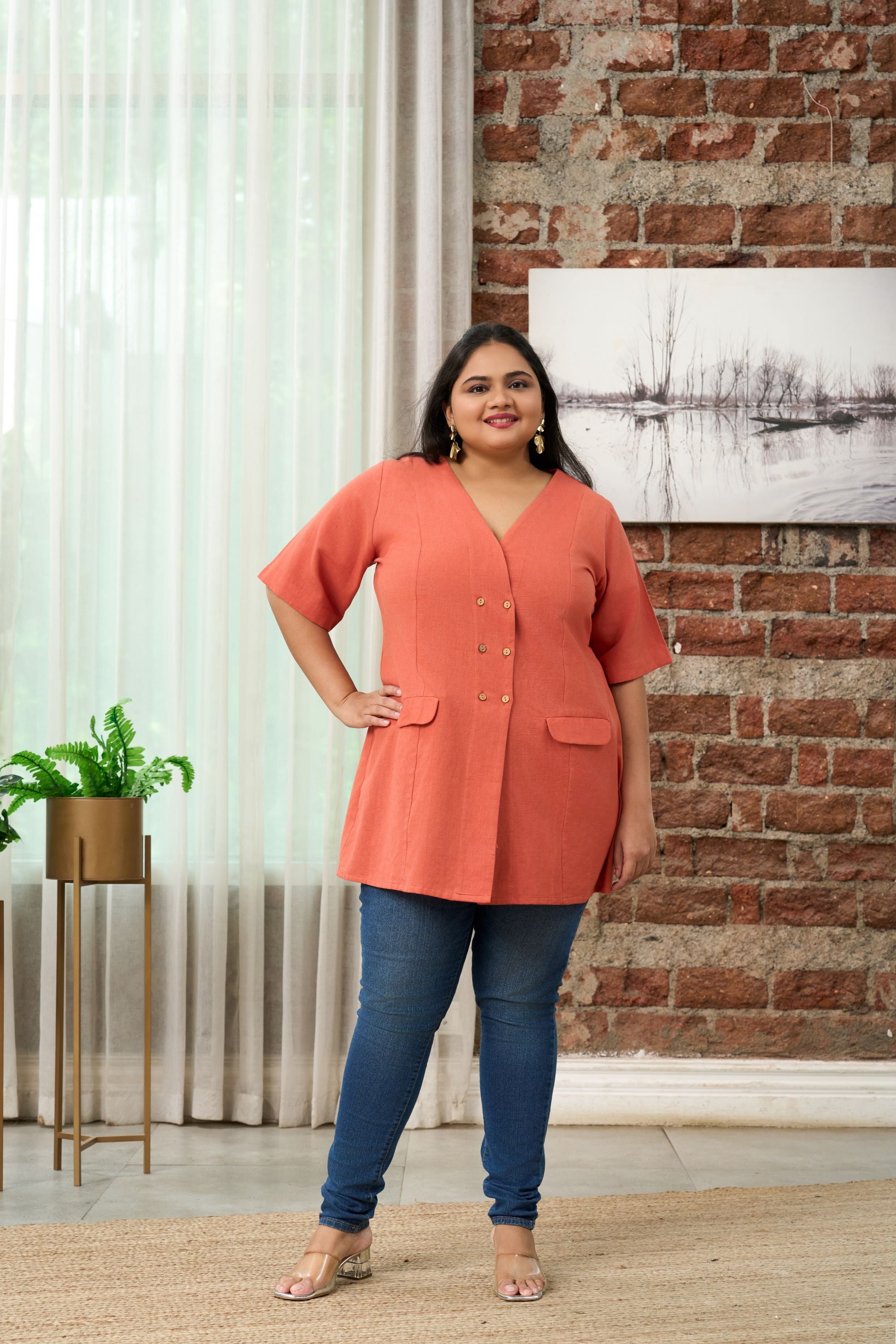 Women's Rust Orange Short-Sleeve Linen Formal Jacket - Nangalia Ruchira