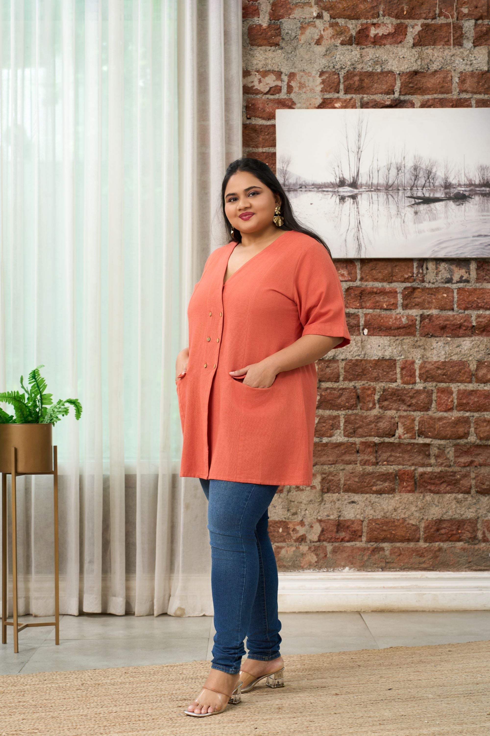 Women's Rust Orange Short-Sleeve Linen Formal Jacket - Nangalia Ruchira