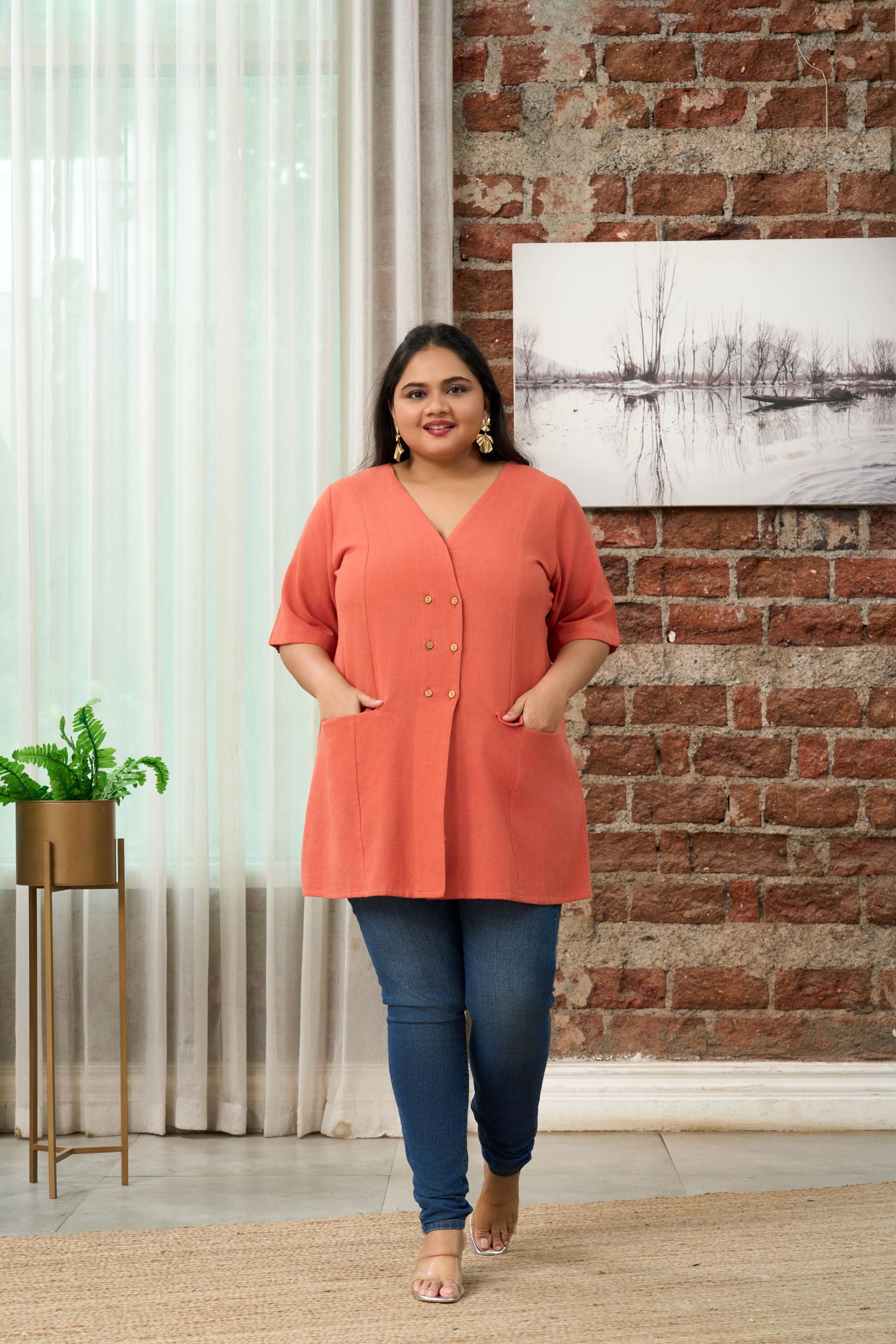Women's Rust Orange Short-Sleeve Linen Formal Jacket - Nangalia Ruchira
