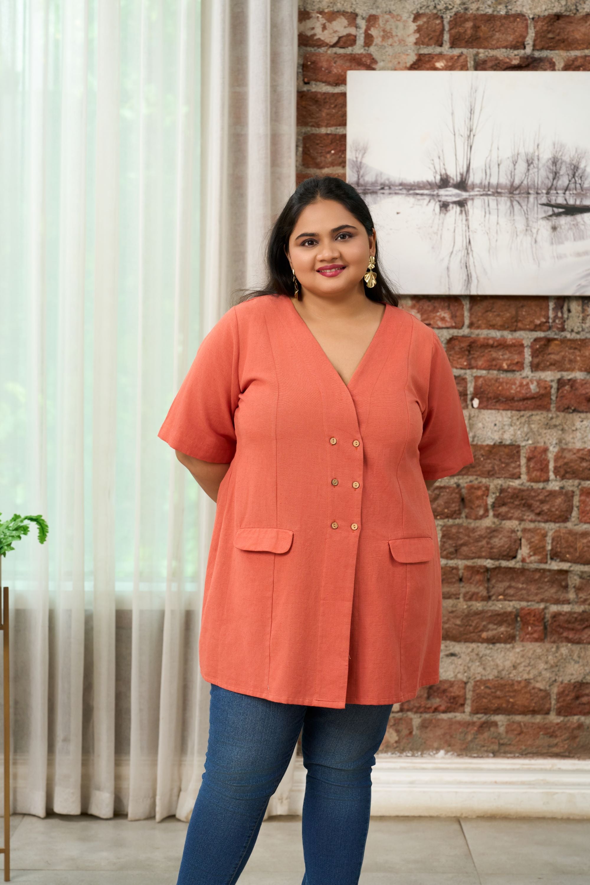 Women's Rust Orange Short-Sleeve Linen Formal Jacket - Nangalia Ruchira