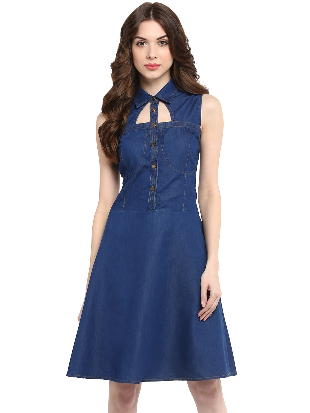 Women's  Dark Blue Denim Dress with Neck cutout