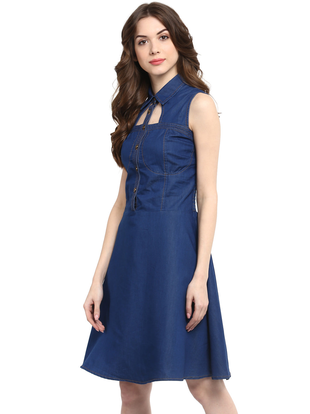 Women's  Dark Blue Denim Dress with Neck cutout