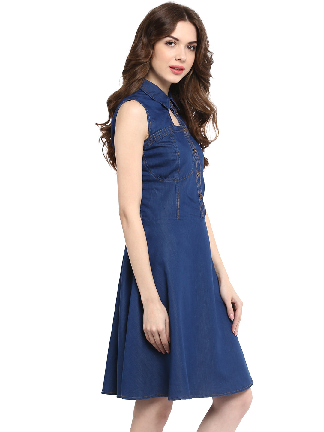 Women's  Dark Blue Denim Dress with Neck cutout