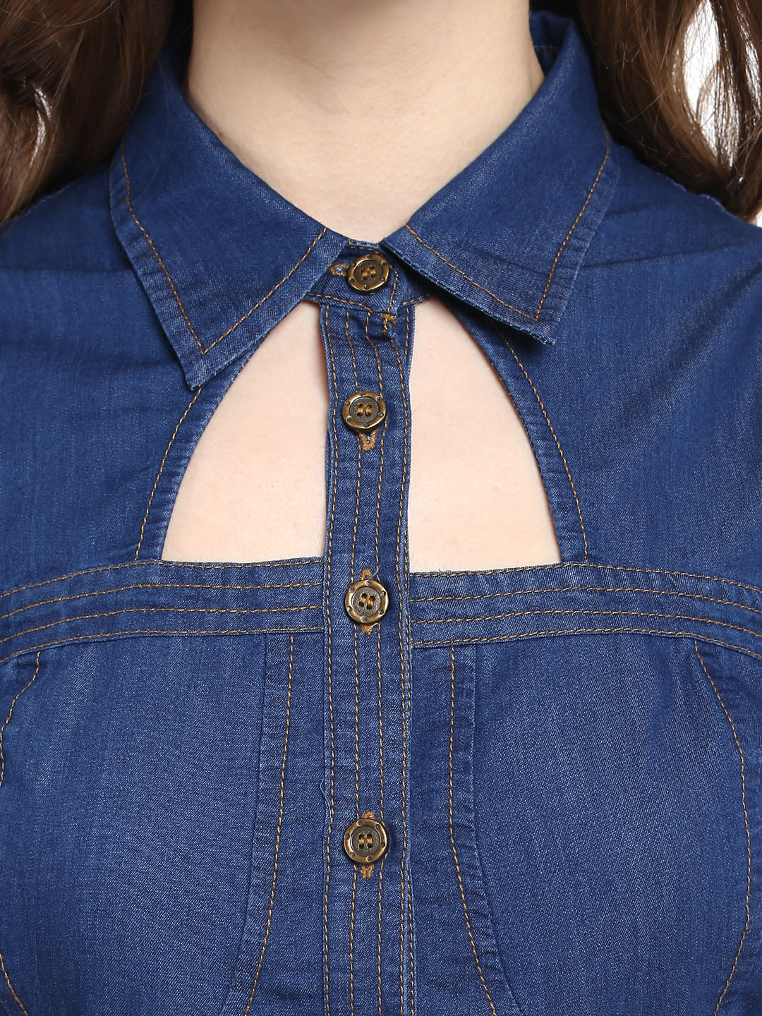 Women's  Dark Blue Denim Dress with Neck cutout