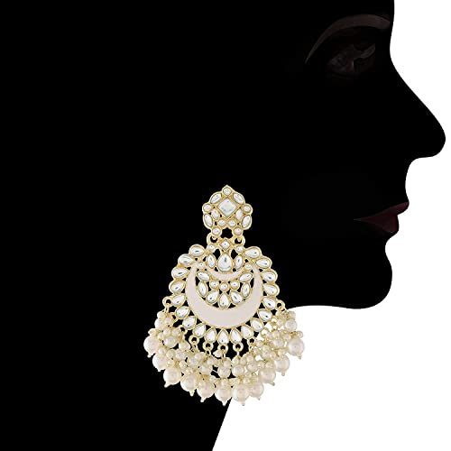 Women's 18K Gold Plated Intricately Designed Traditional Meenakari Chandbali Earrings Glided With Kundans & Pearls (E306W)