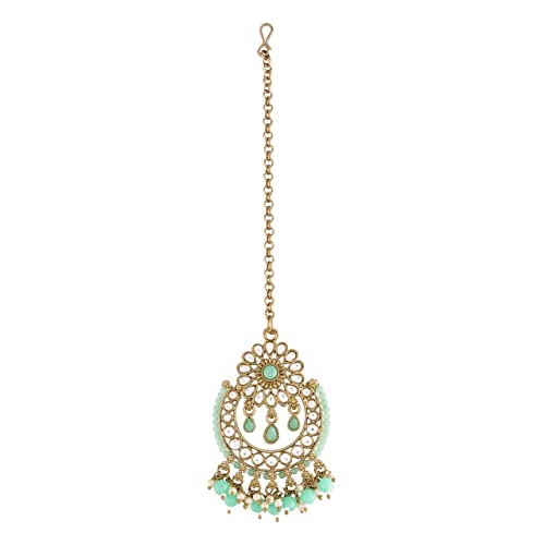 Women's 18K Gold Plated Handcrafted Earrings With Maang Tikka Encased with Faux Kundan & Pearl