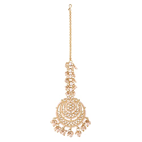 Women's Traditional Gold Plated Chandbali Kundan & Pearl Earring Set with Maang Tikka