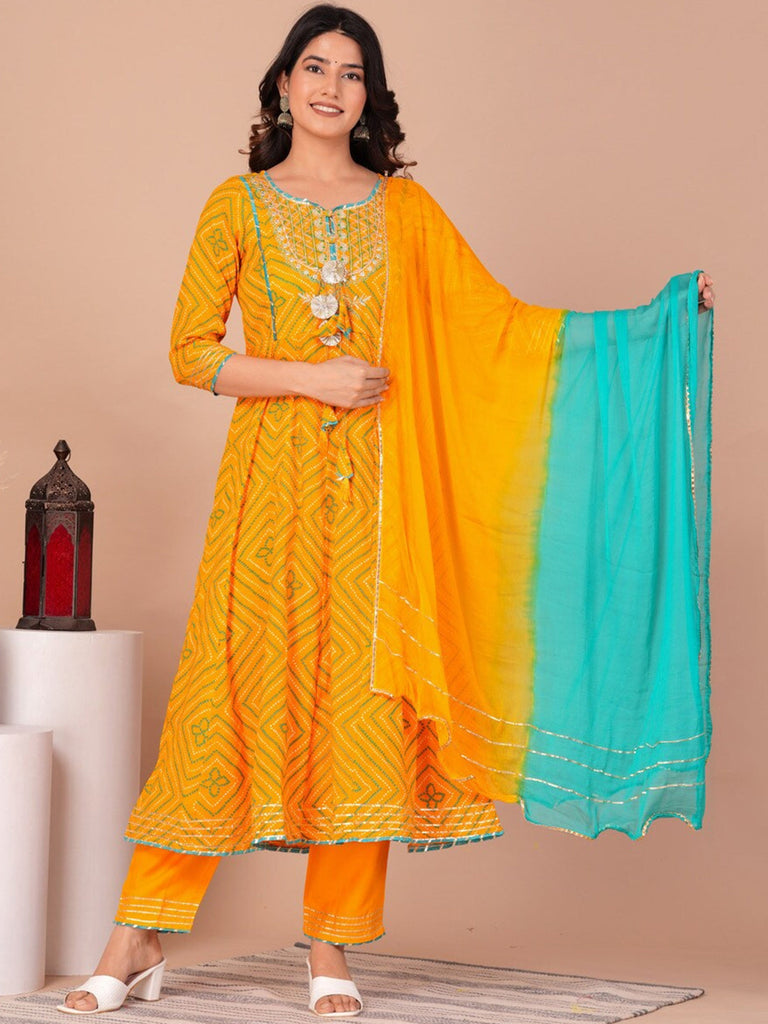 Women's Bandhani Printed Regular Kurta With Palazzos & Dupatta