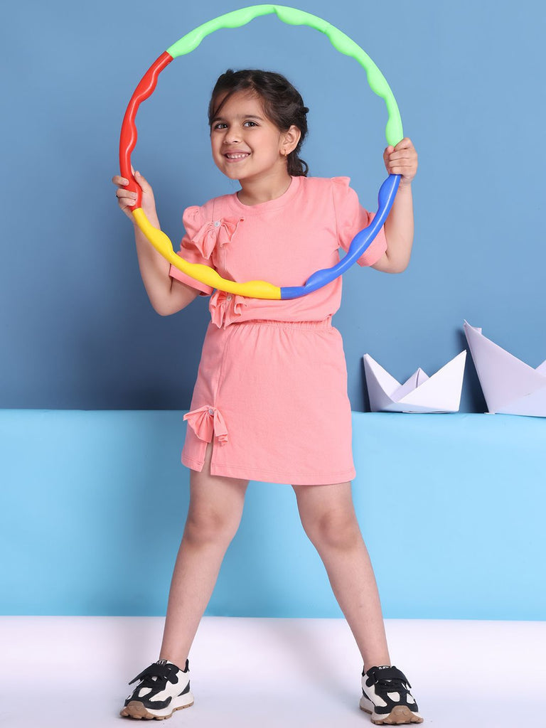 Girl's Peach Pure Cotton Solid Co-Ord Set