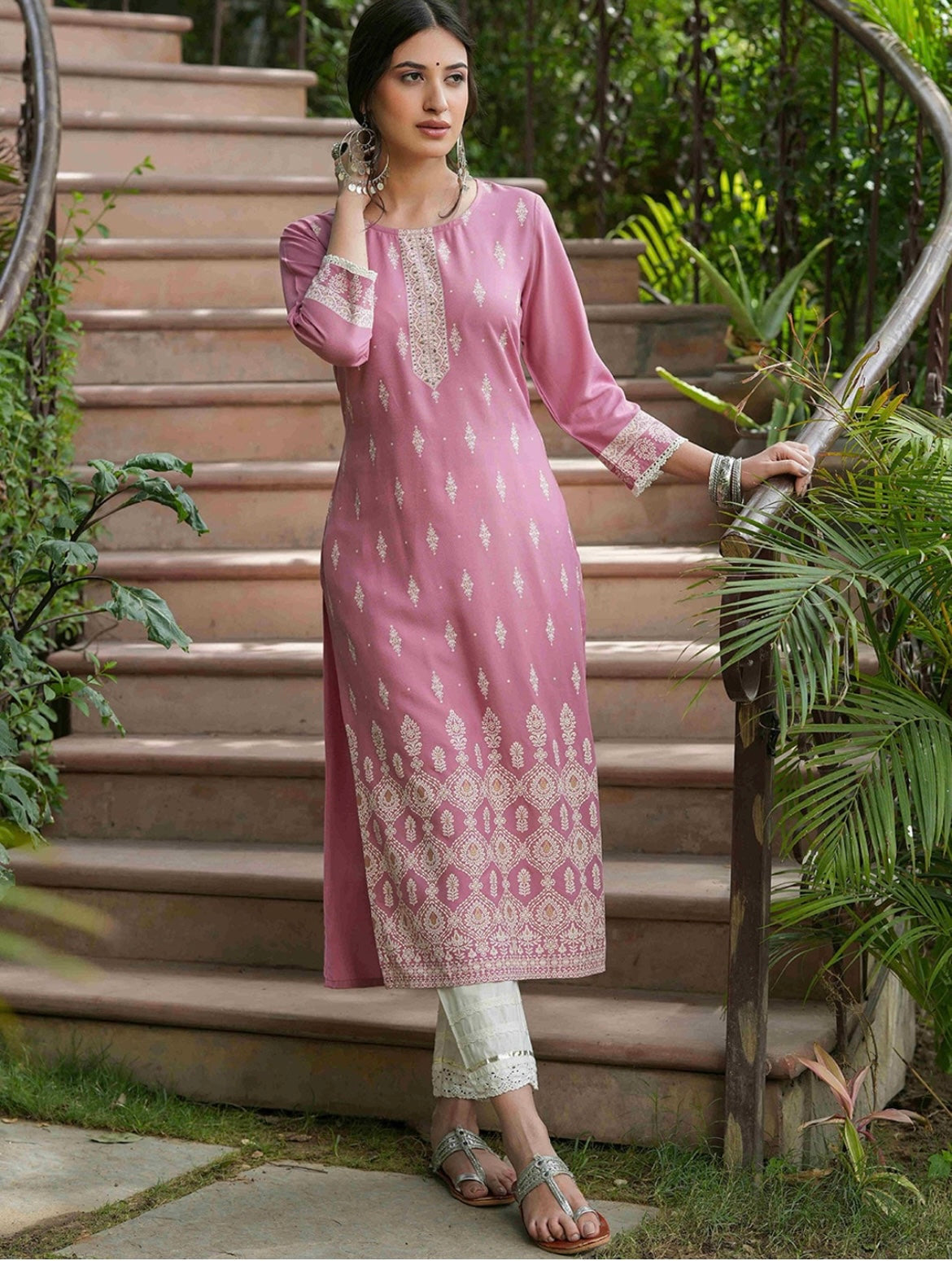Women's Baby Pink Embellished Daily Wear Cotton Blend Kurta