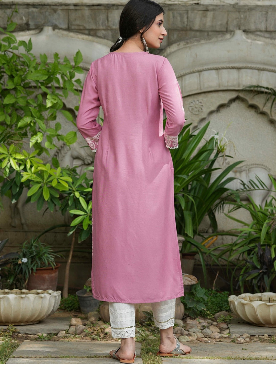 Women's Baby Pink Embellished Daily Wear Cotton Blend Kurta