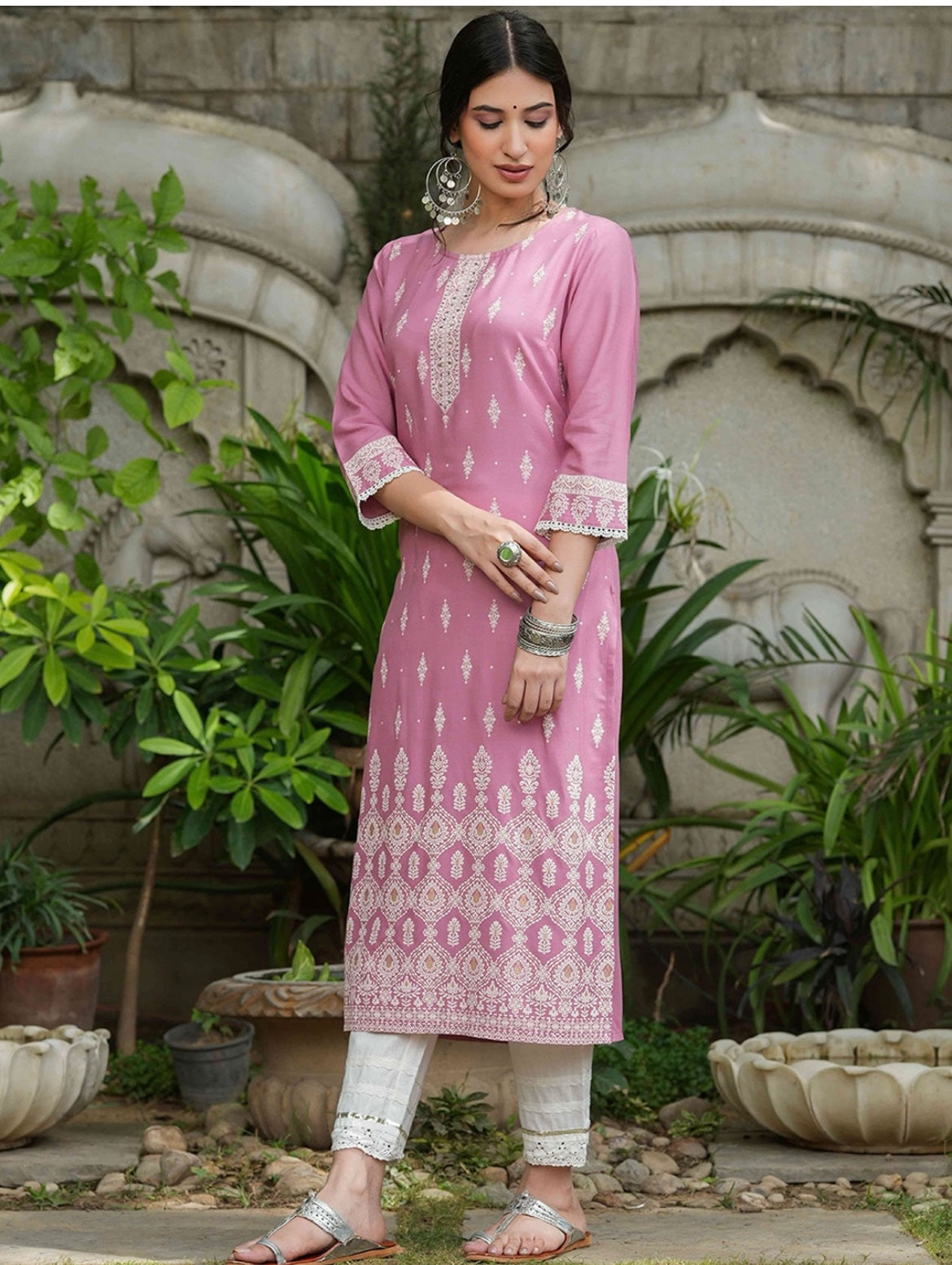 Women's Baby Pink Embellished Daily Wear Cotton Blend Kurta