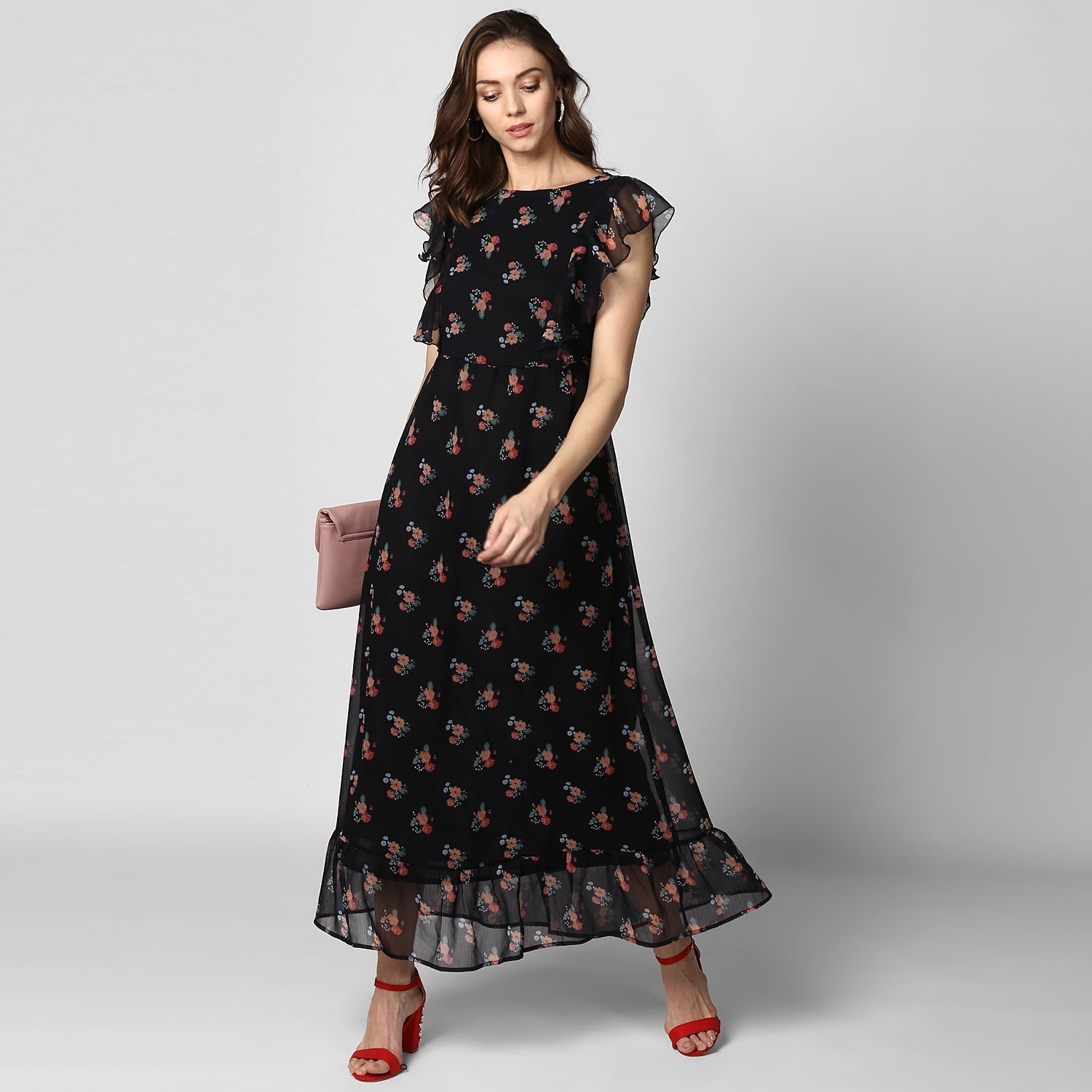Women's Black Printed Maxi Dress with Lining