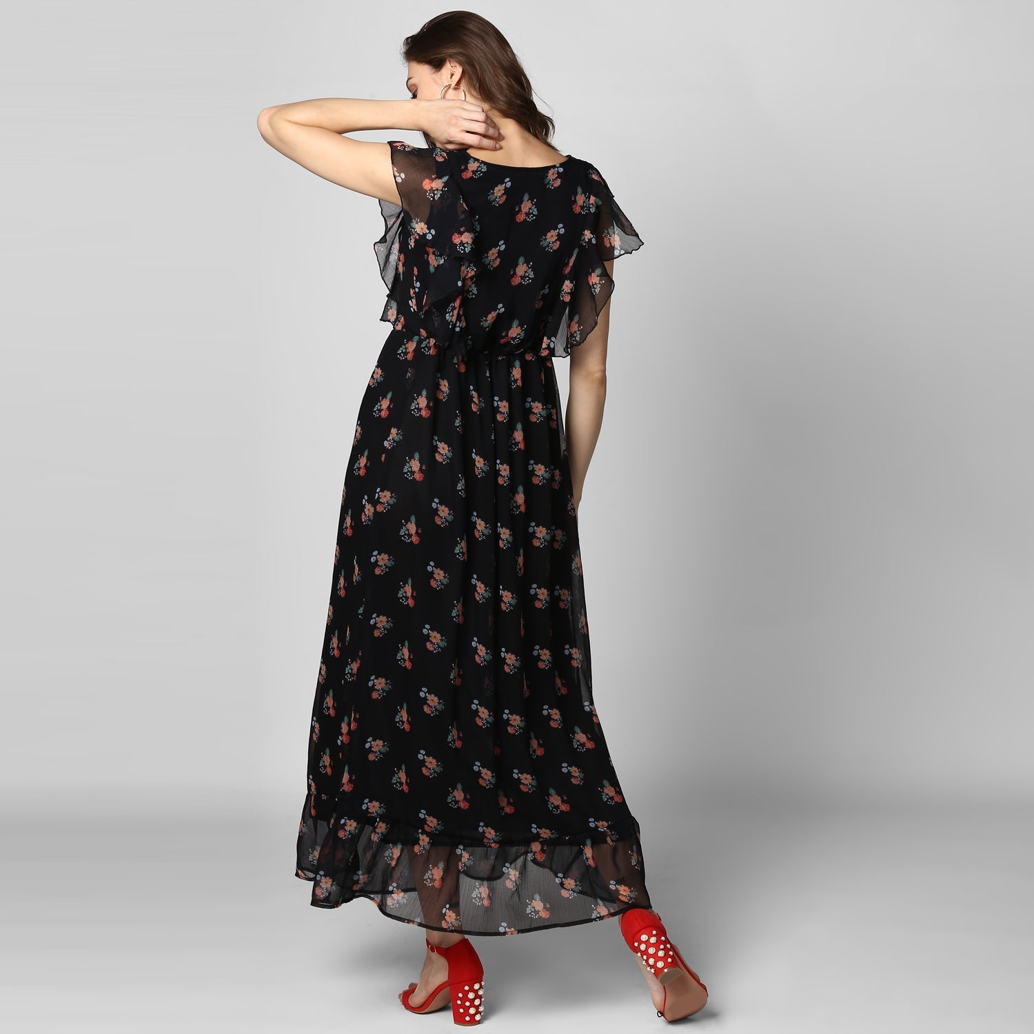 Women's Black Printed Maxi Dress with Lining - Final Clearance Sale