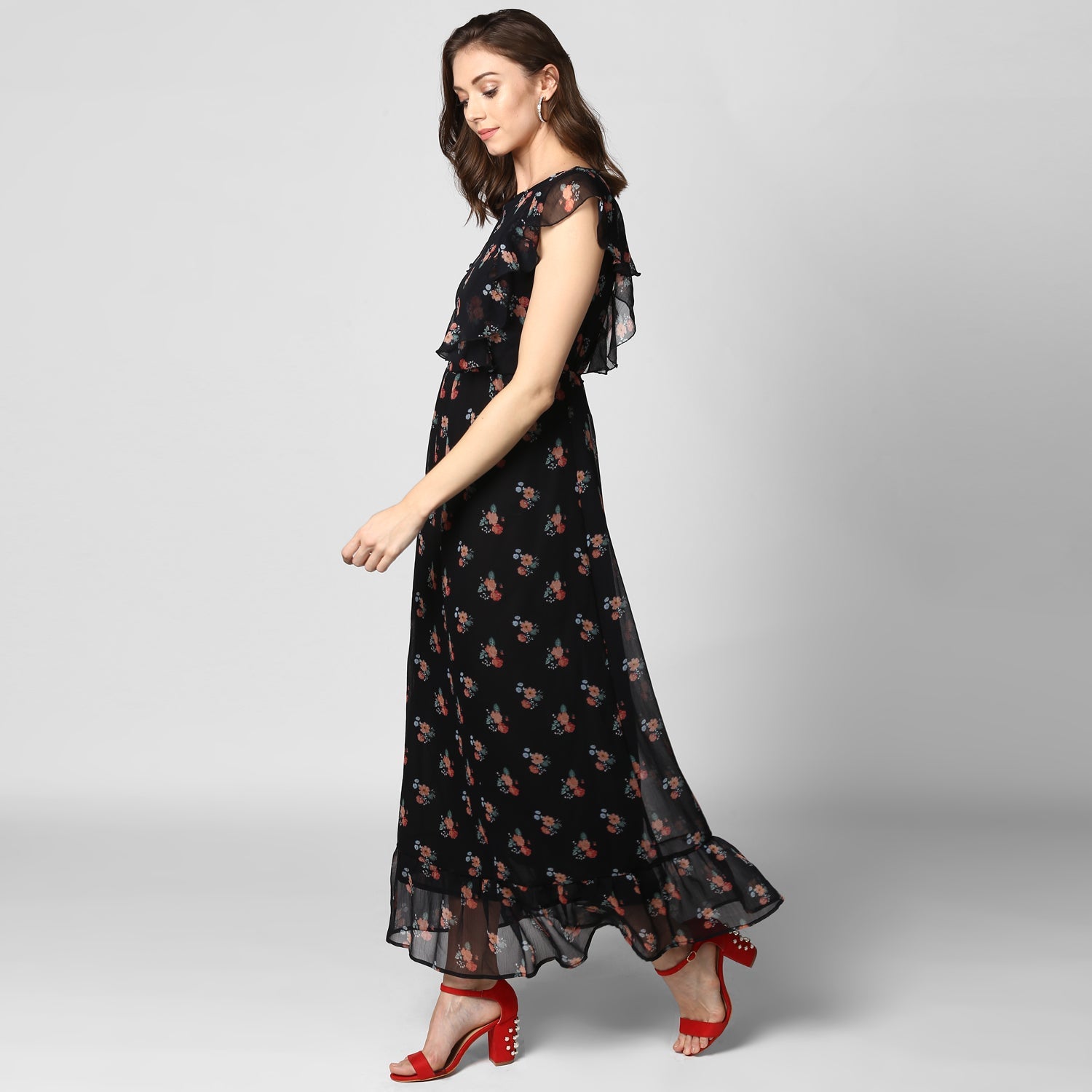 Women's Black Printed Maxi Dress with Lining