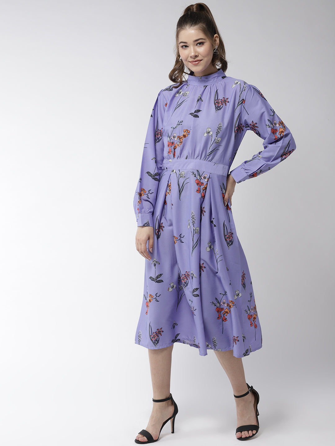 Women's Lavender Satin Floral Print Midi Dress