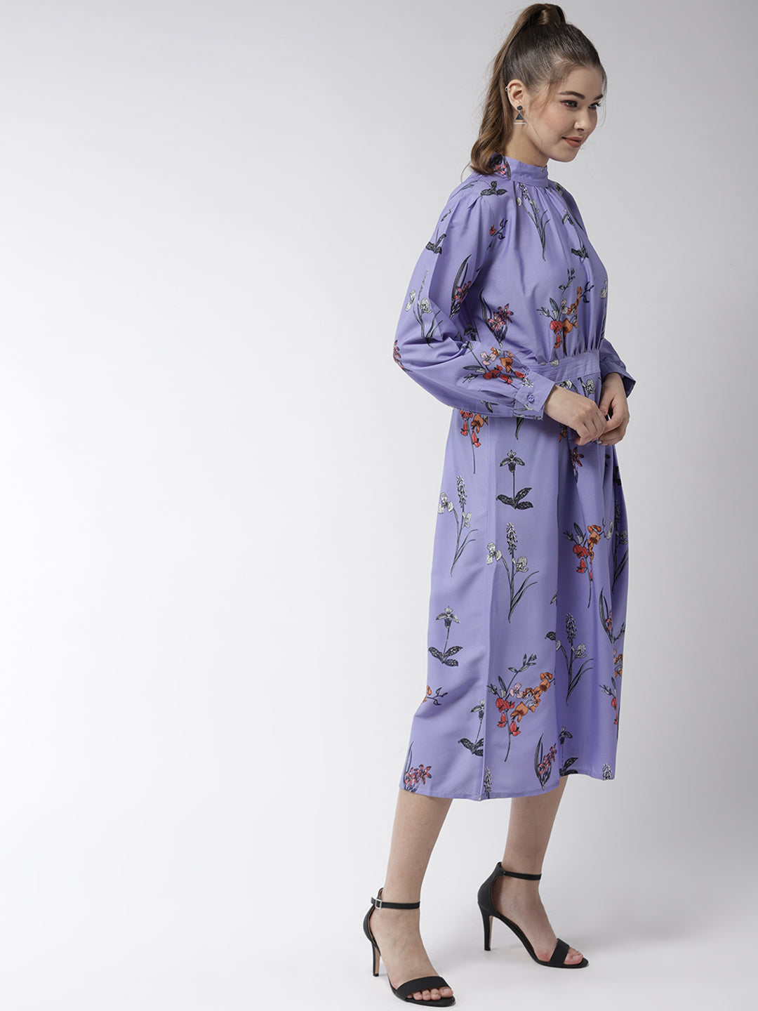 Women's Lavender Satin Floral Print Midi Dress
