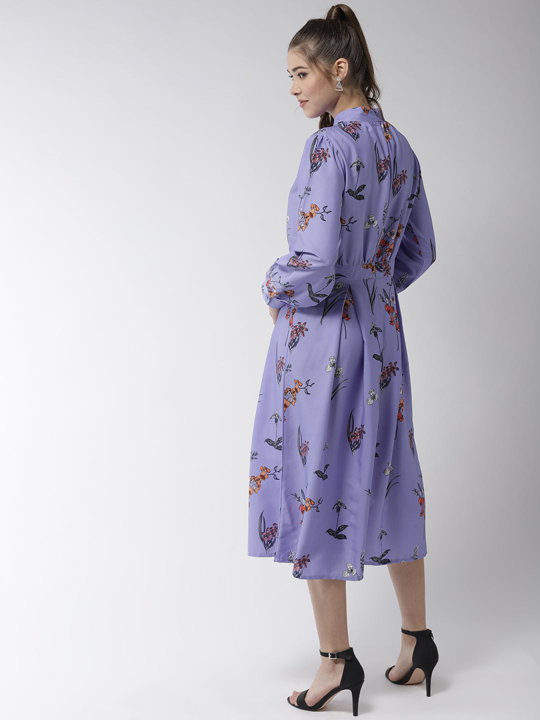 Women's Lavender Satin Floral Print Midi Dress