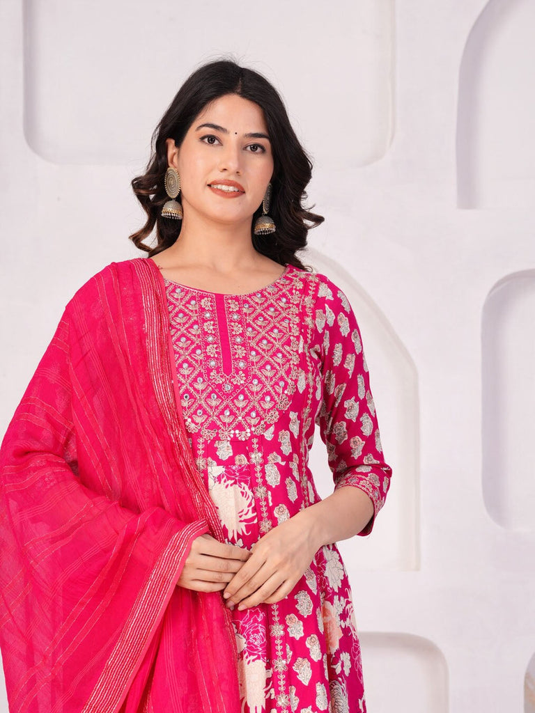 Women's Floral Printed Regular Thread Work Kurta with Palazzos & With Dupatta