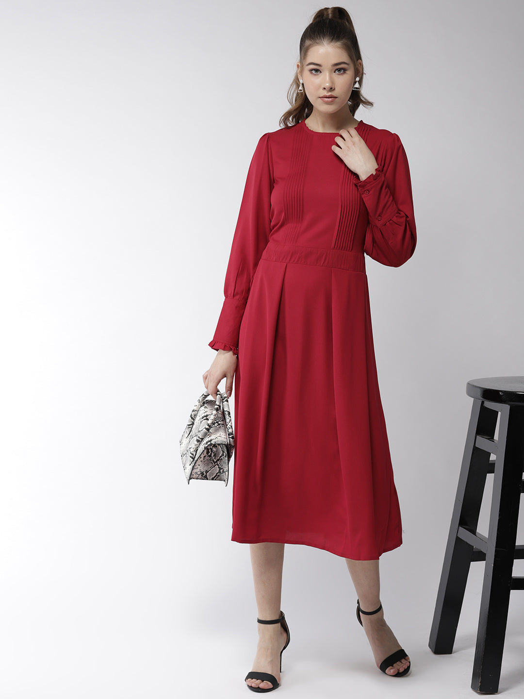 Women's Red Polyester Moss pintuck and pleated Midi dress