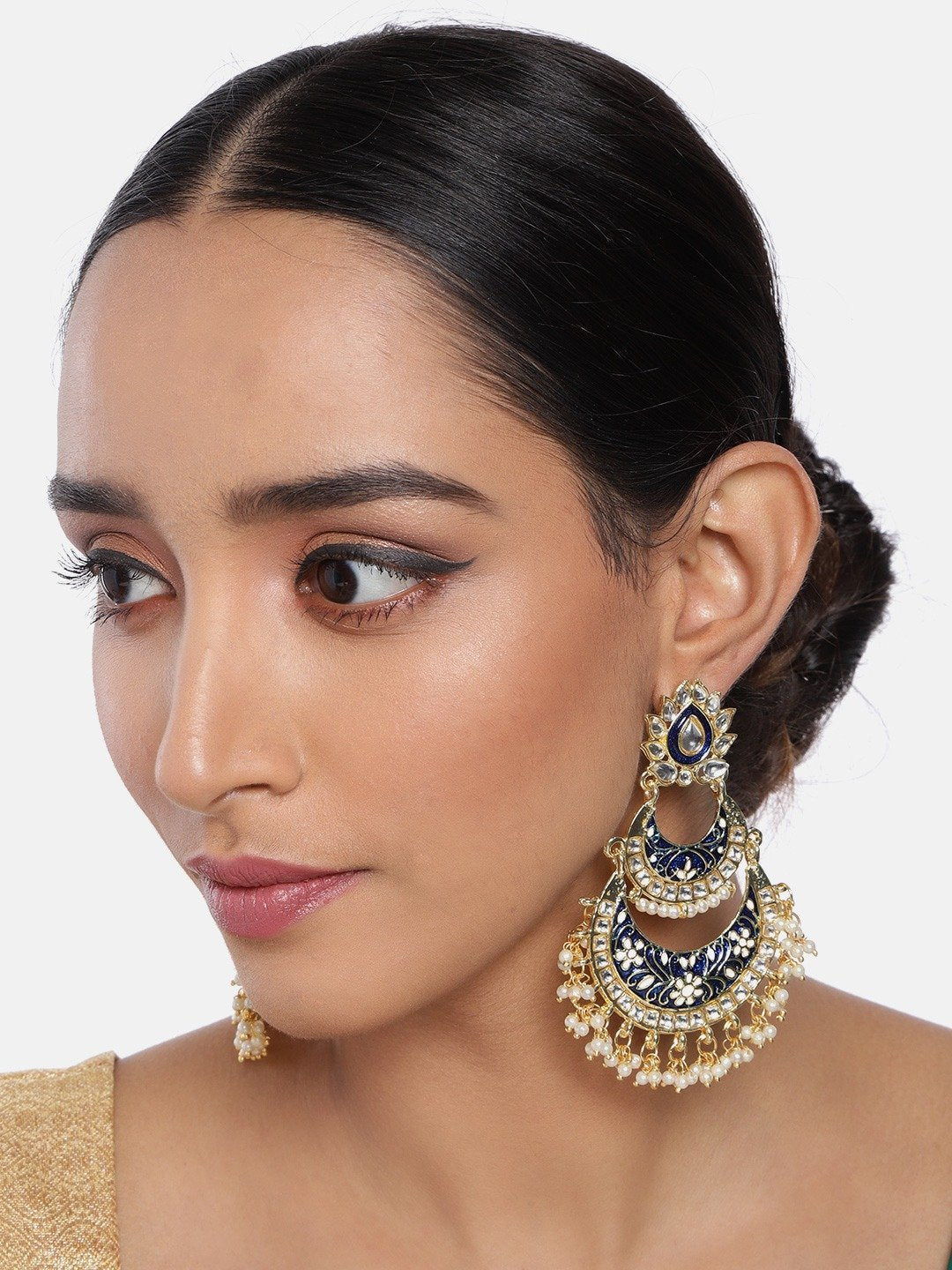 Women's Blue Gold Plated Meenakari Earrings Glided With Kundans & Pearls