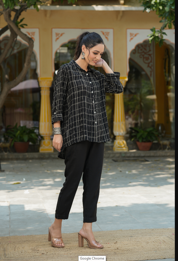 Women's Black Rayon Crepe Checkered Printed High & Low Shirt Style Tunic. - Juniper