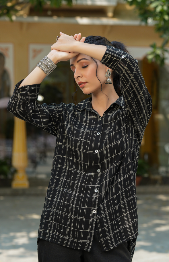 Women's Black Rayon Crepe Checkered Printed High & Low Shirt Style Tunic. - Juniper