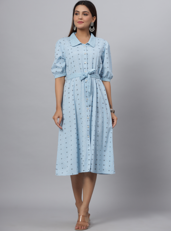 Women's Blue  Printed A-Line Dress - Juniper