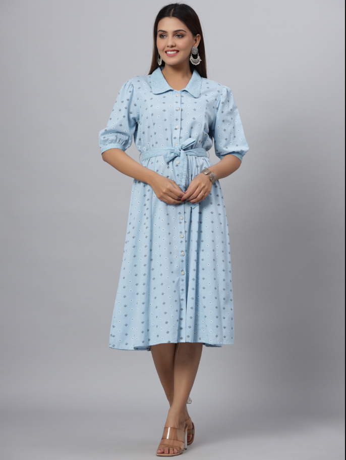 Women's Blue  Printed A-Line Dress - Juniper